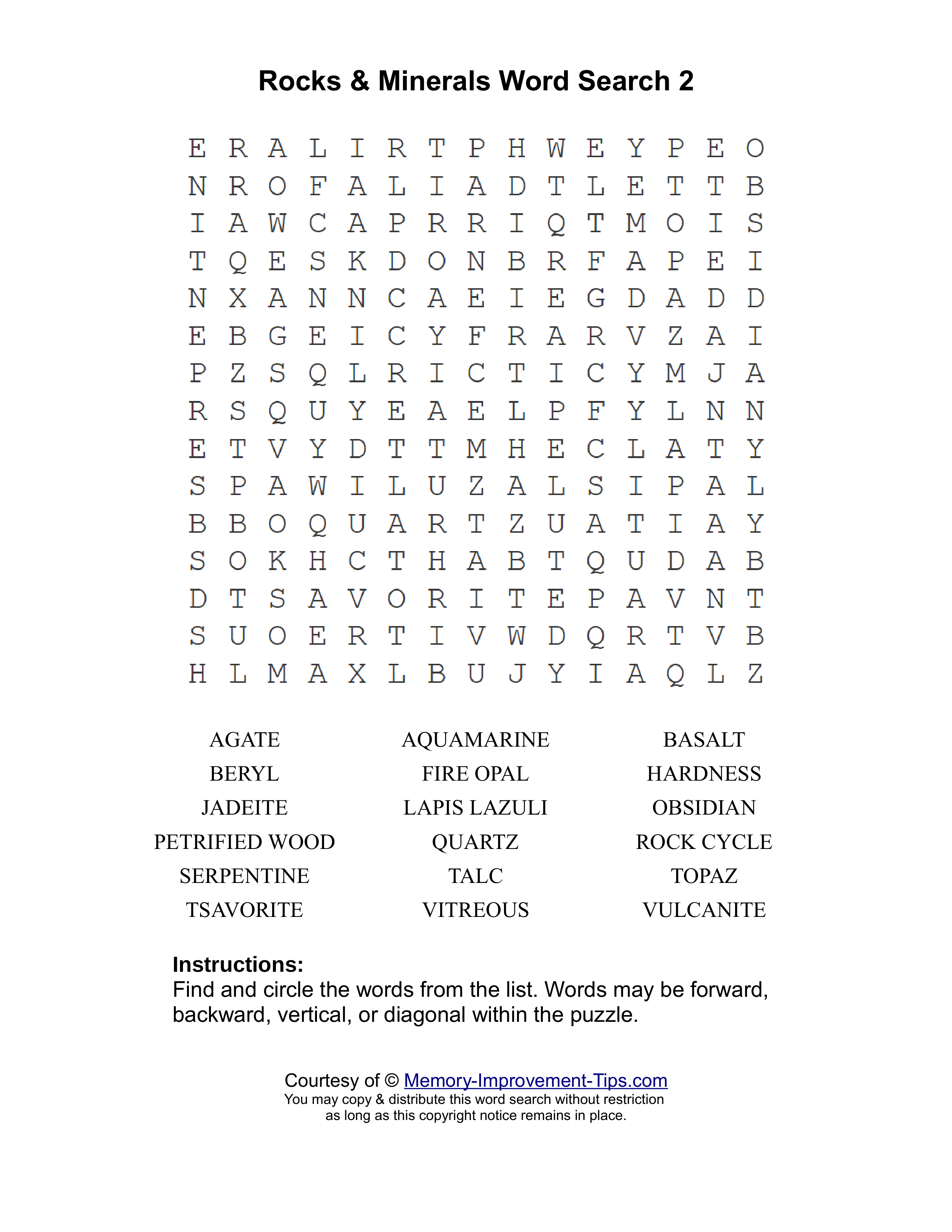 Rocks & Minerals 2 word search printable puzzle