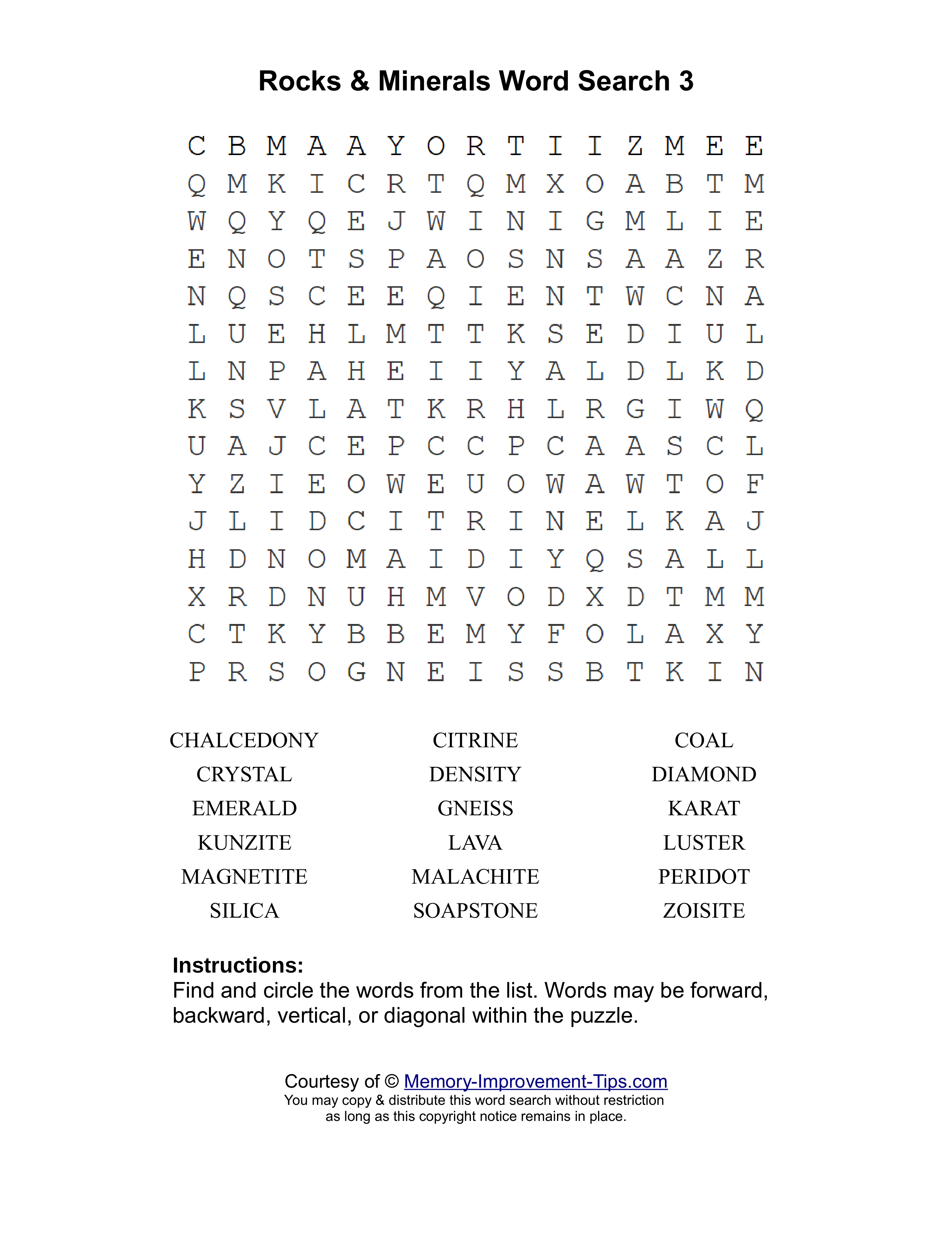 Rocks & Minerals 3 word search printable puzzle