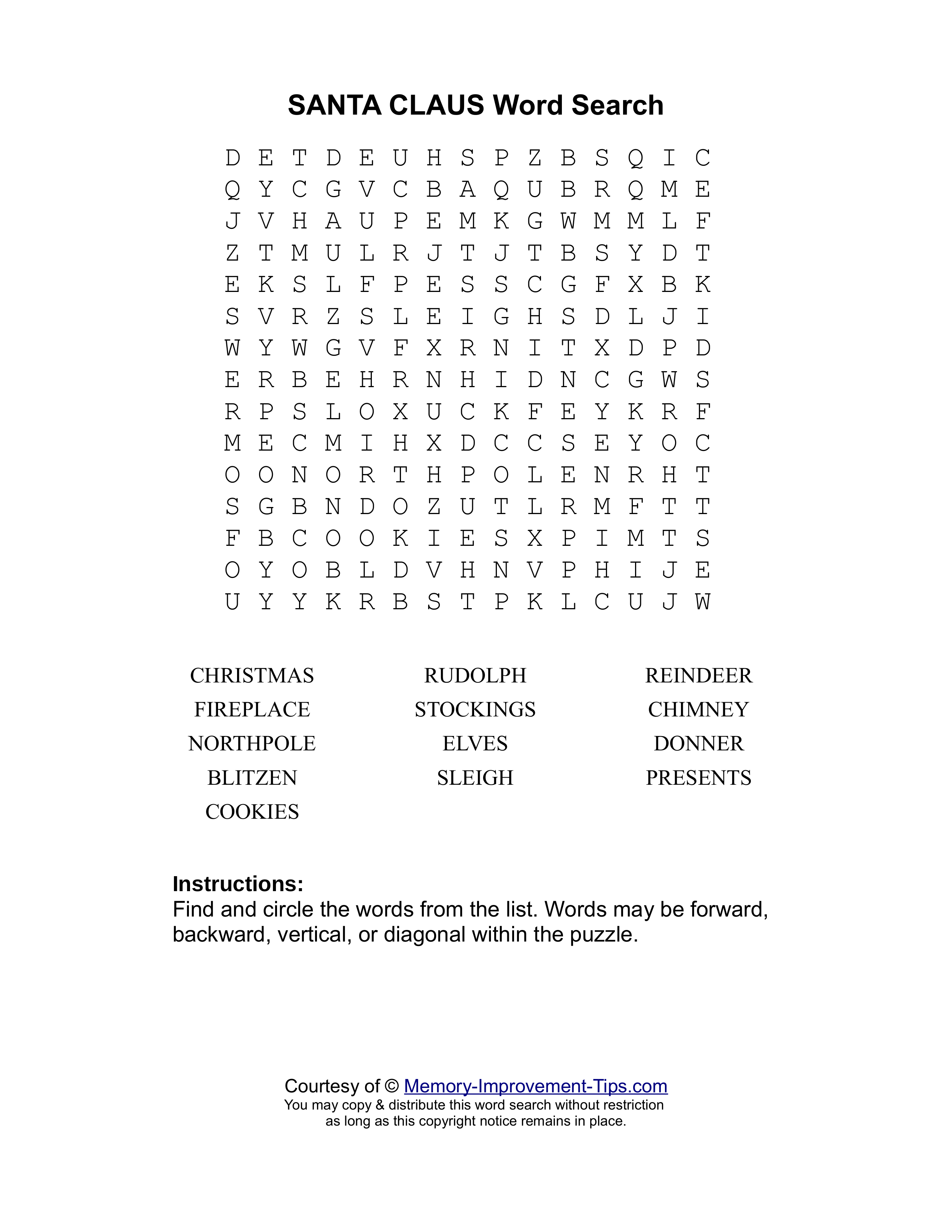 Santa Claus word search printable puzzle