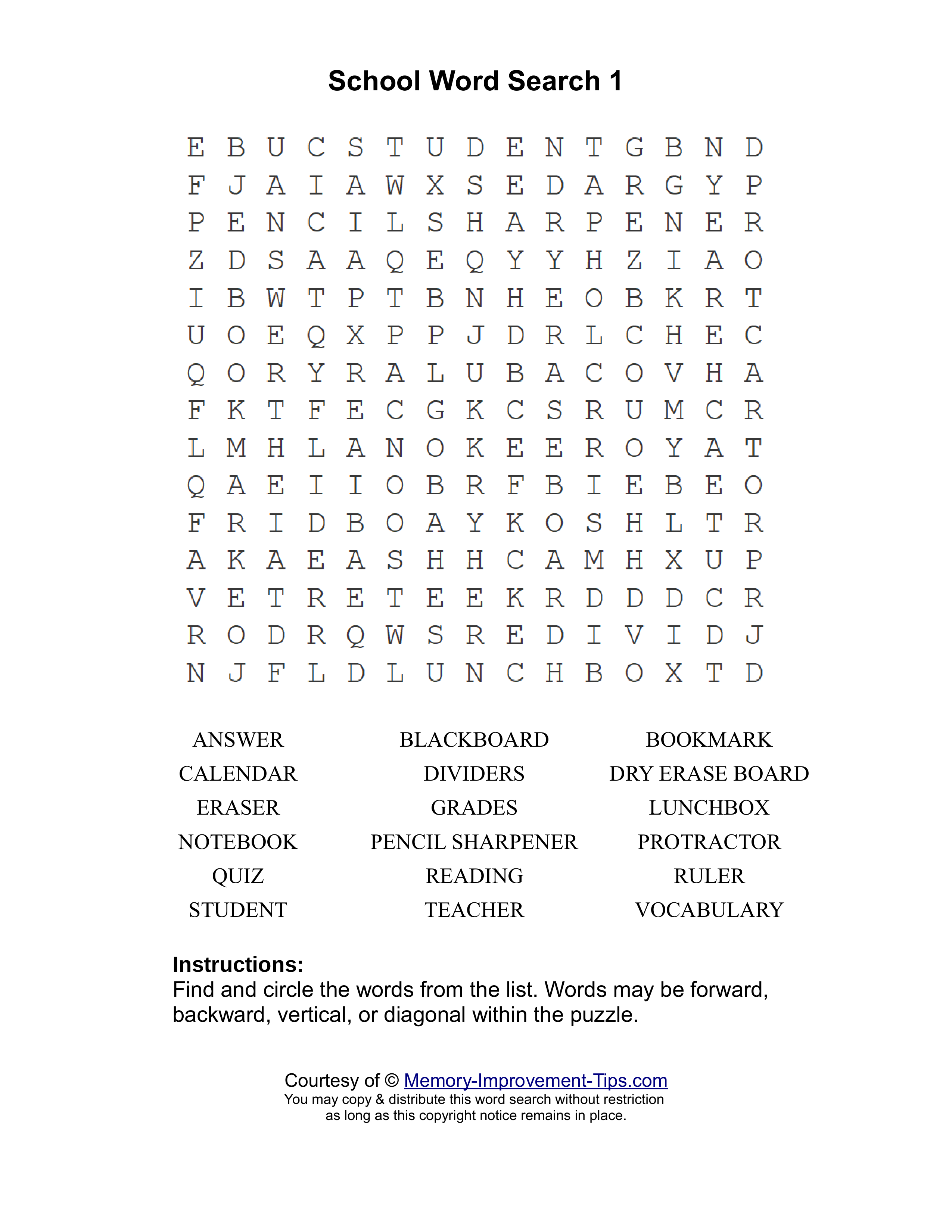 School 1 word search printable puzzle