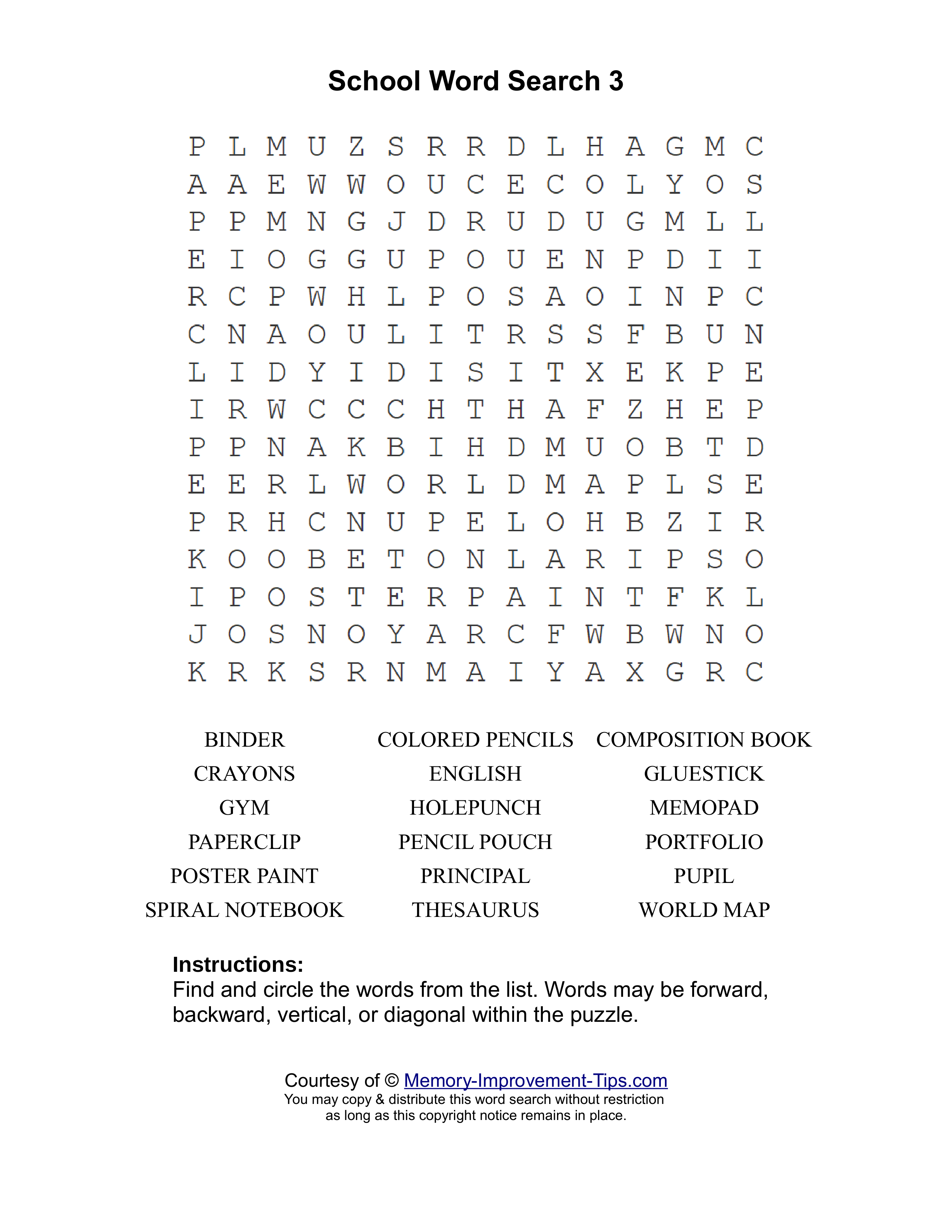 School 3 word search printable puzzle