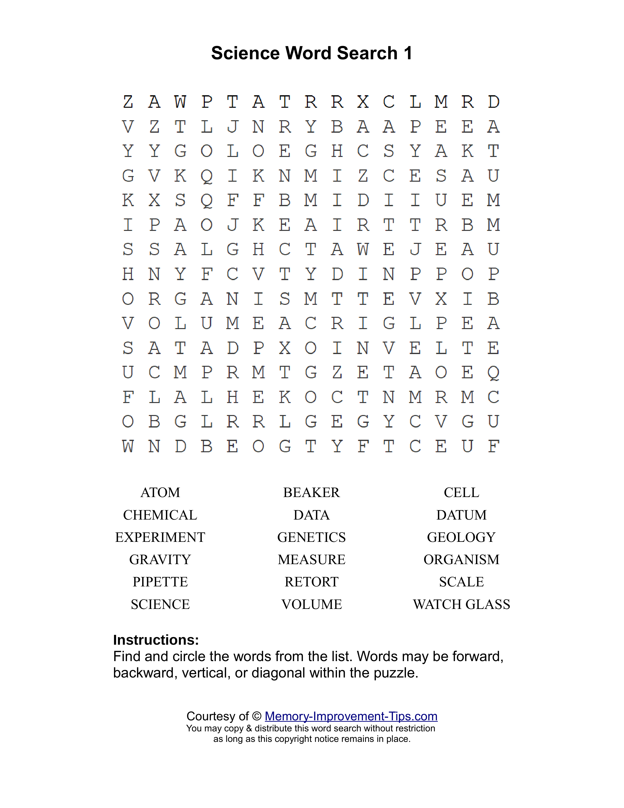Science 1 word search printable puzzle