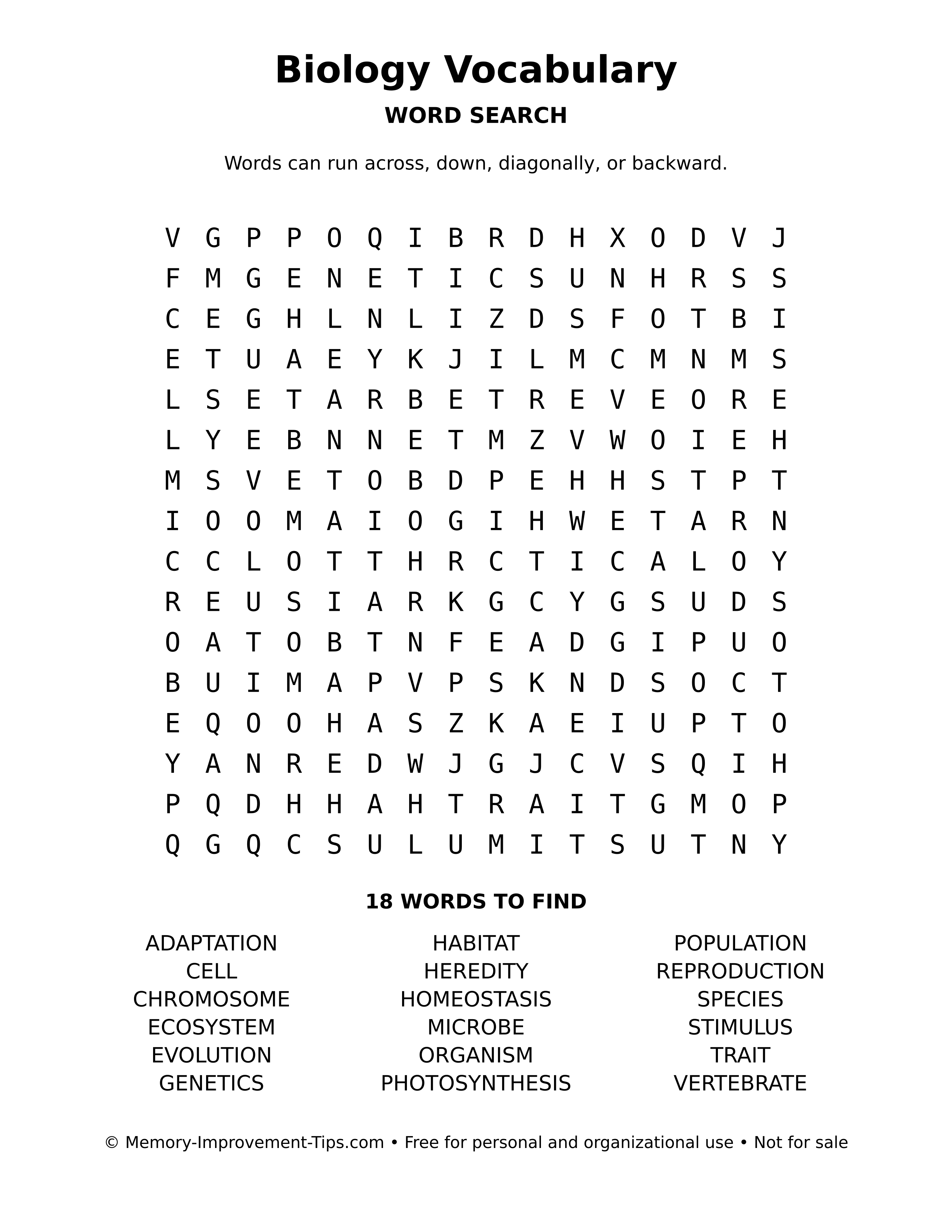 Printable puzzle: Biology Vocabulary word search