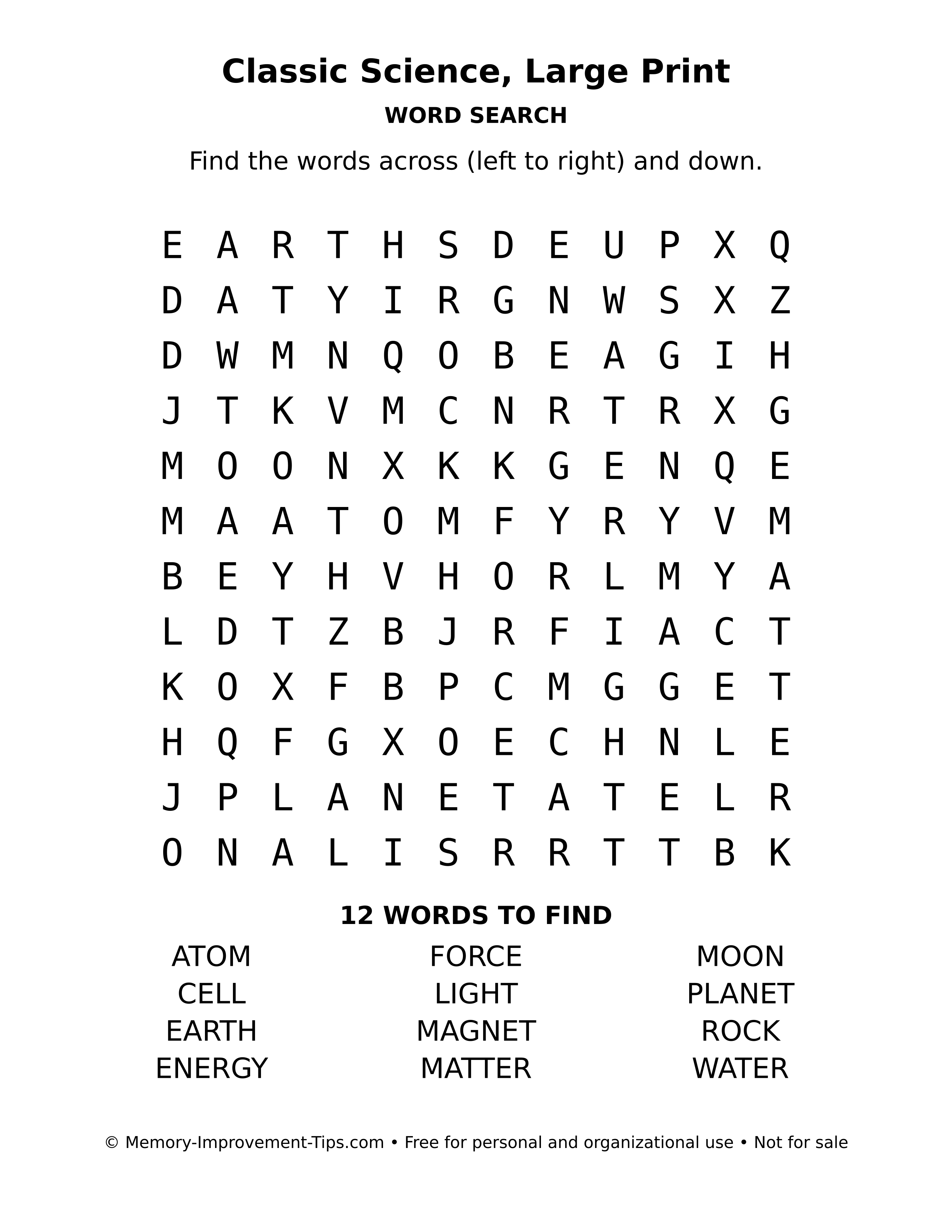 Printable puzzle: Classic Science, Large Print word search