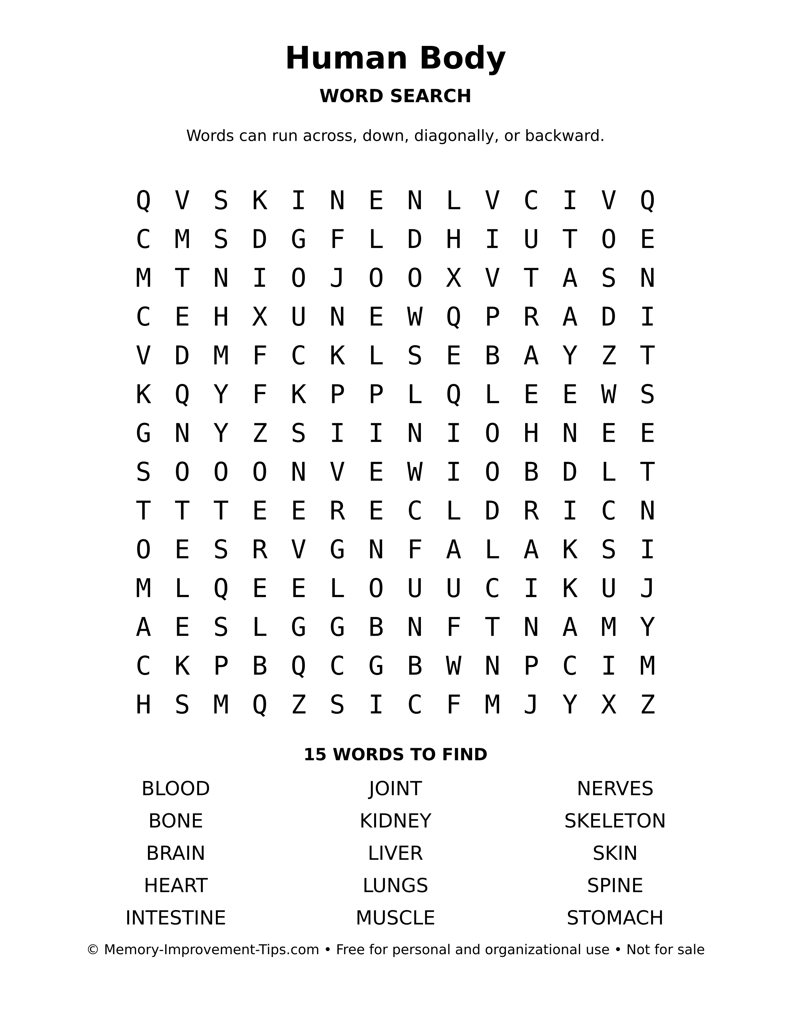 Printable puzzle: Human Body word search