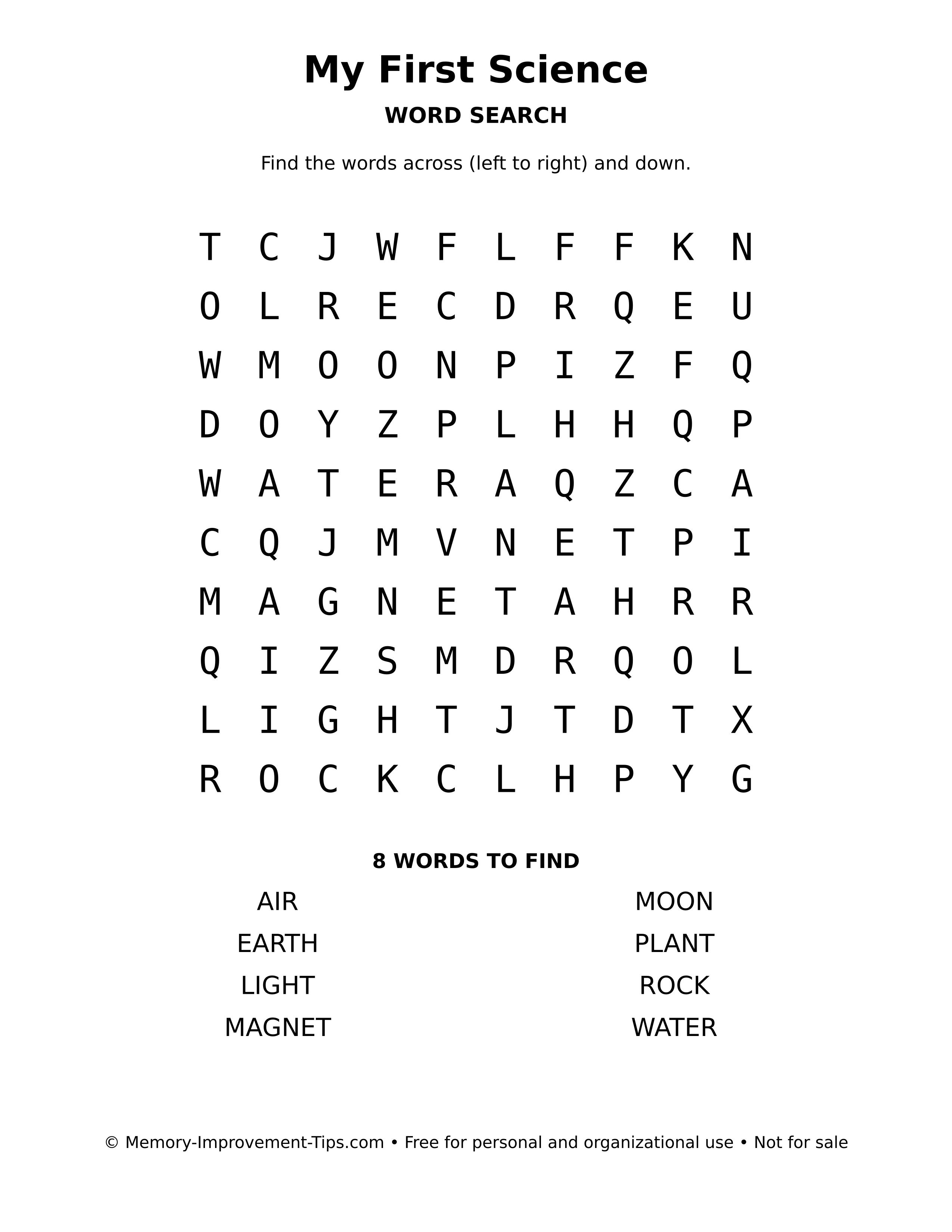 Printable puzzle: My First Science word search
