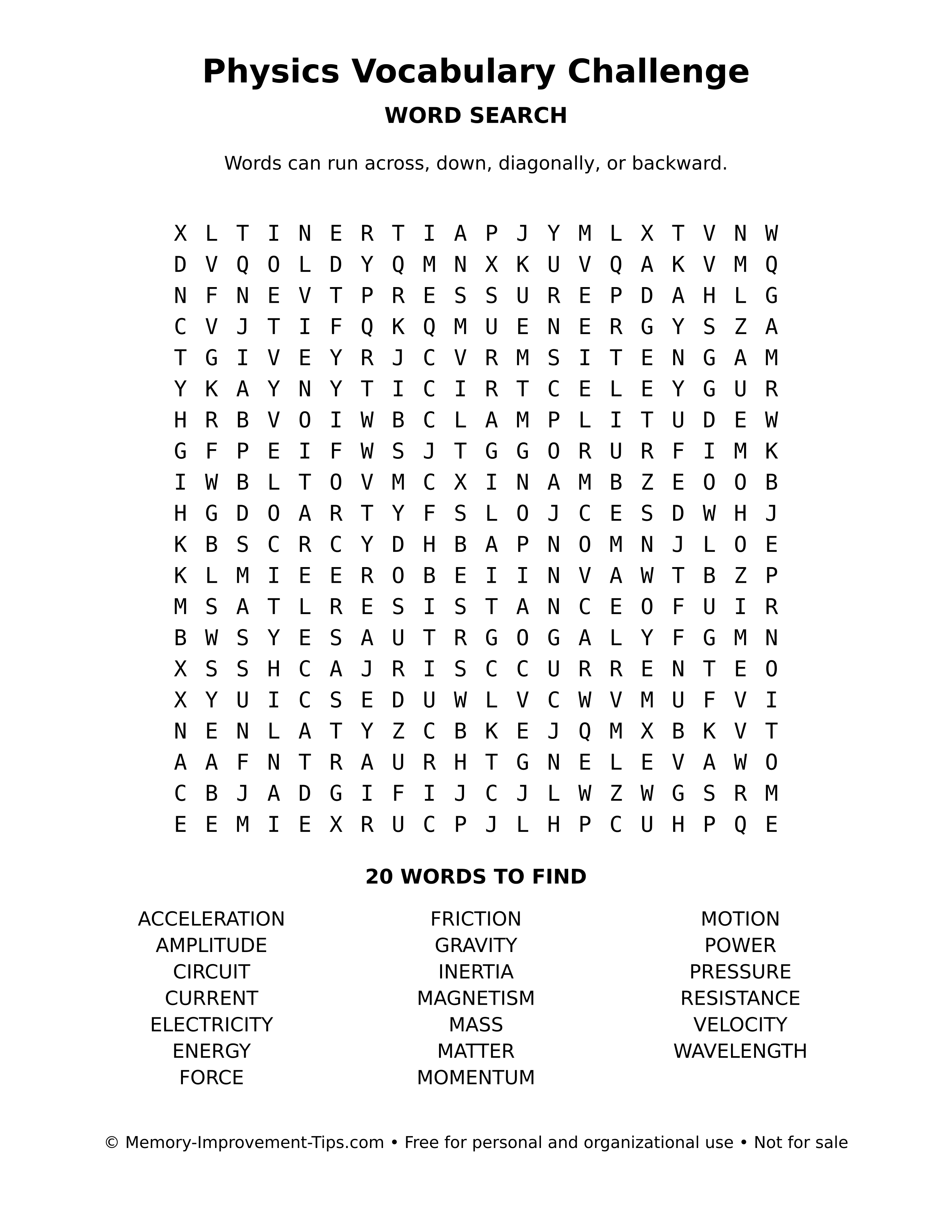 Printable puzzle: Physics Vocabulary Challenge word search