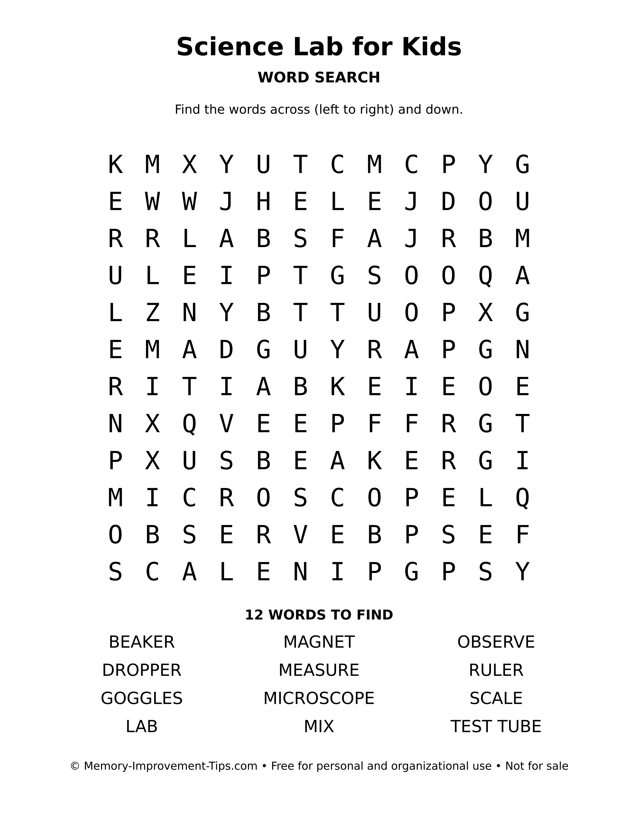 Printable puzzle: Science Lab for Kids word search