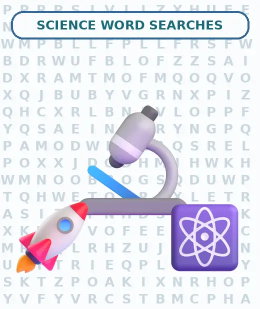 Microscope, rocket, and atom over a science word search