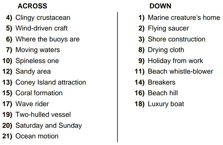 Seaside Crossword Puzzle Clues
