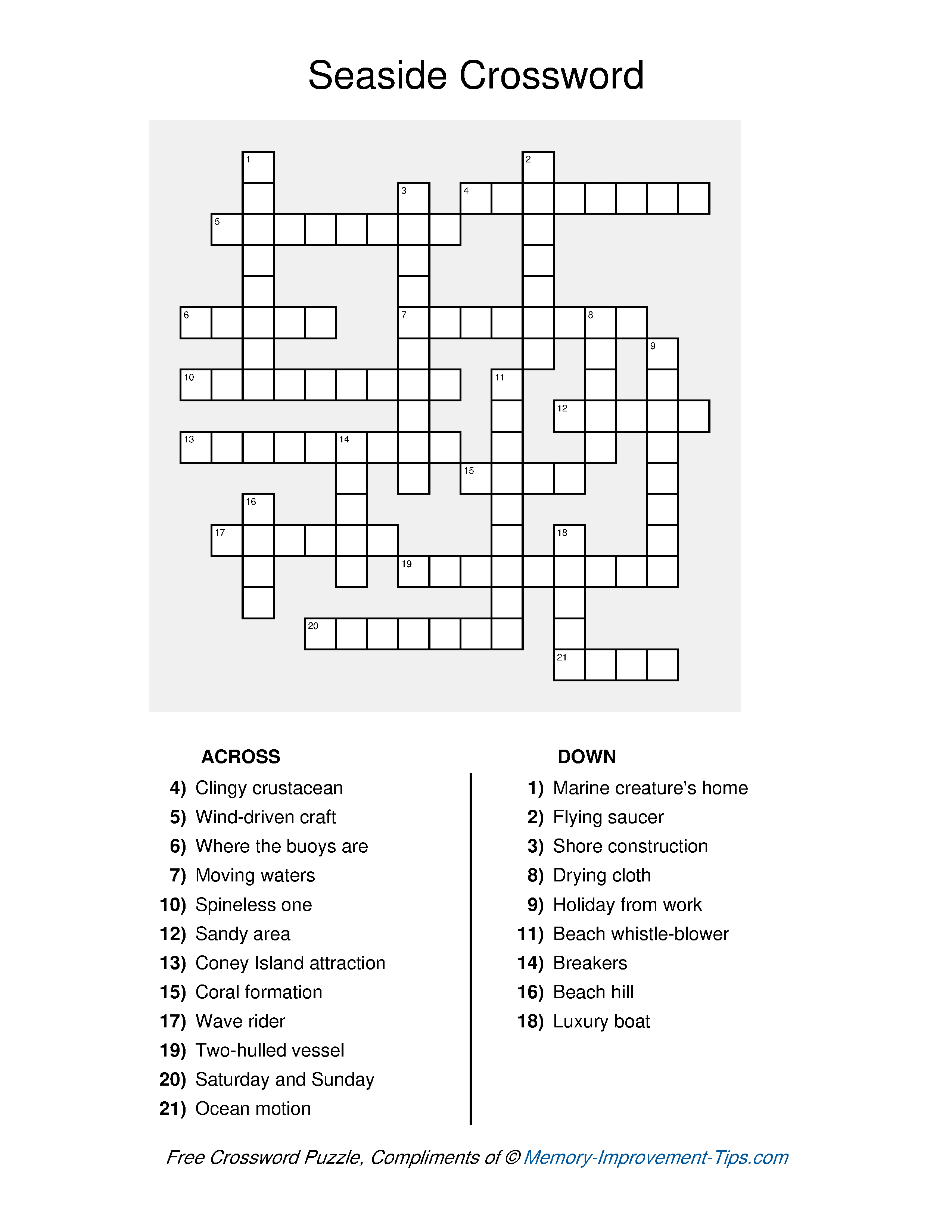 Free printable Seaside Crossword Puzzle with clues
