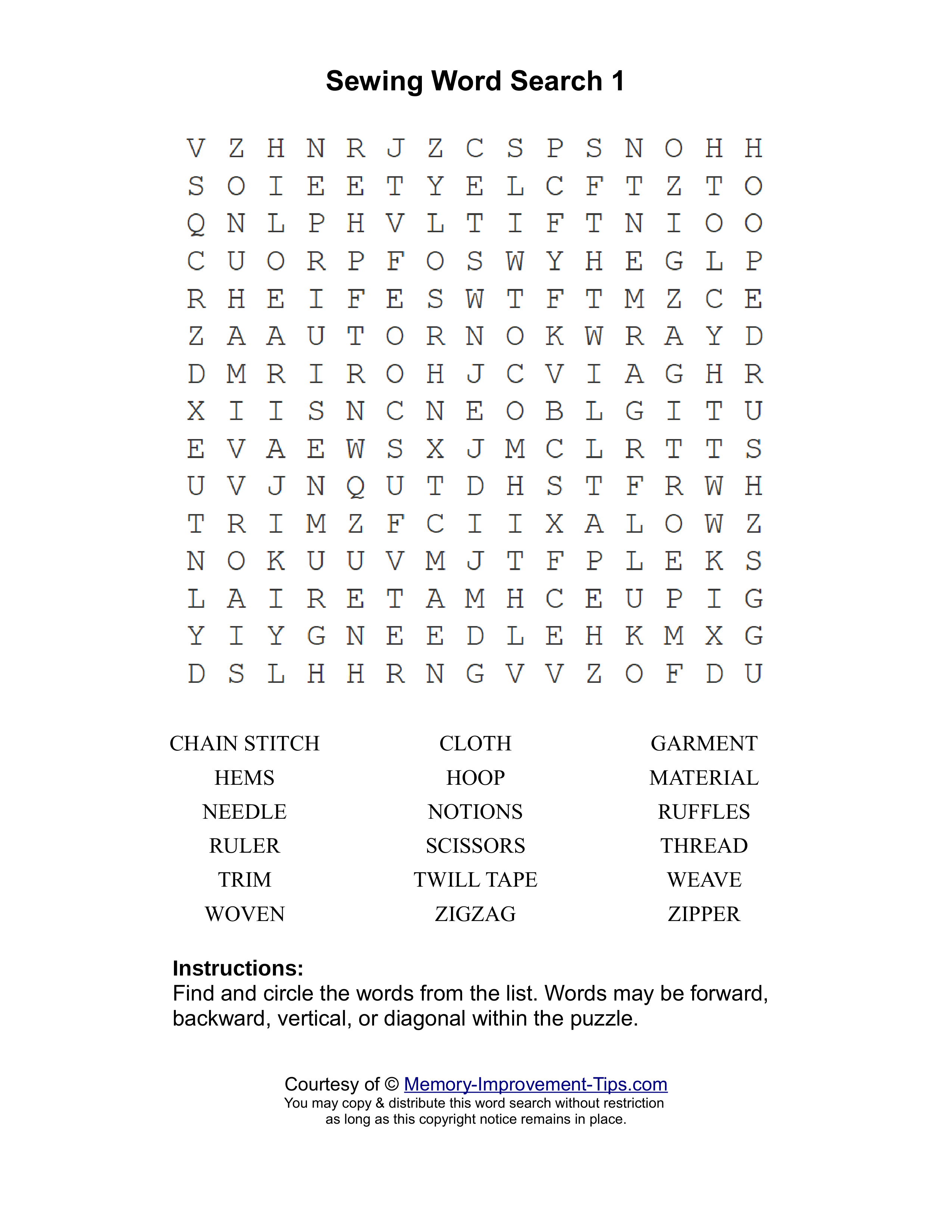 Sewing 1 word search printable puzzle