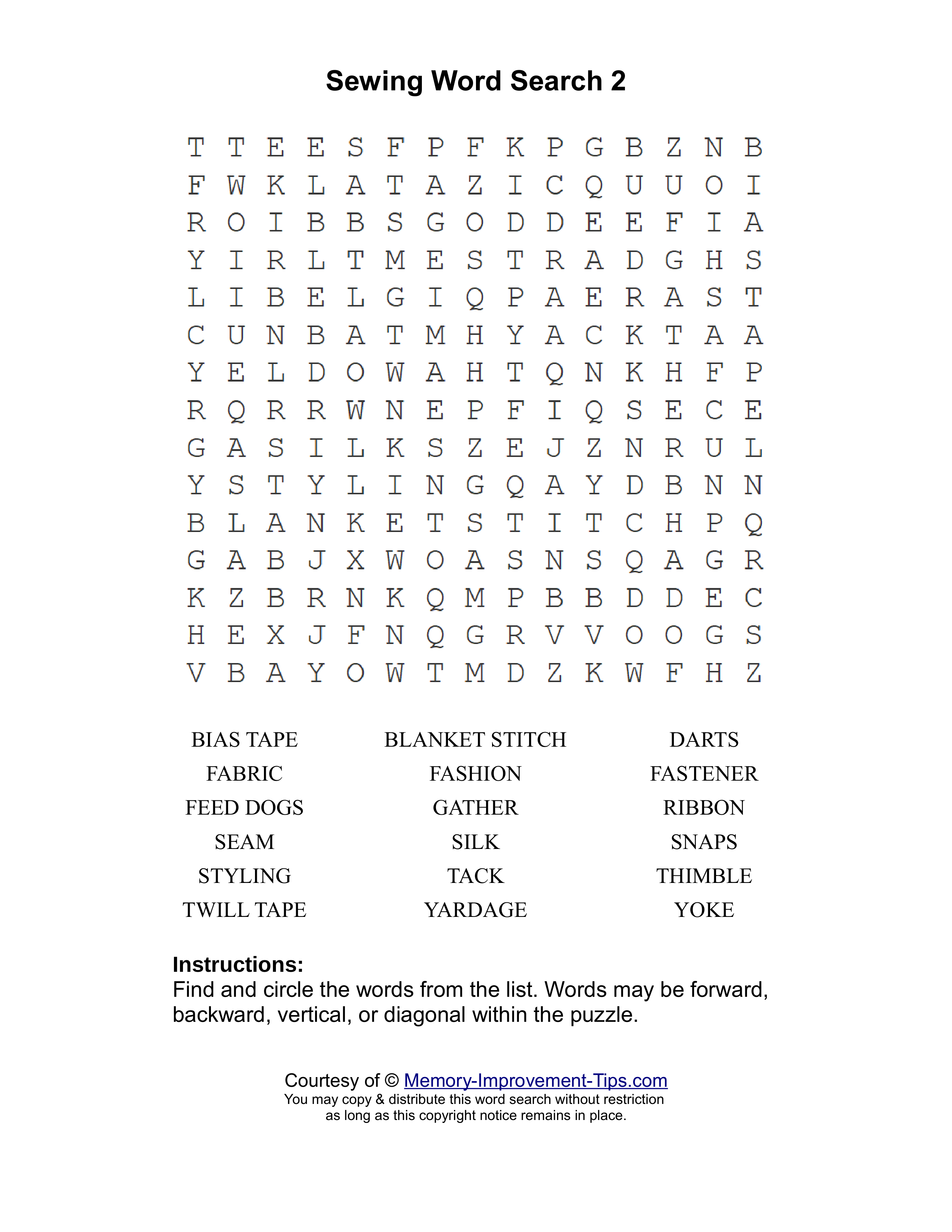 Sewing 2 word search printable puzzle