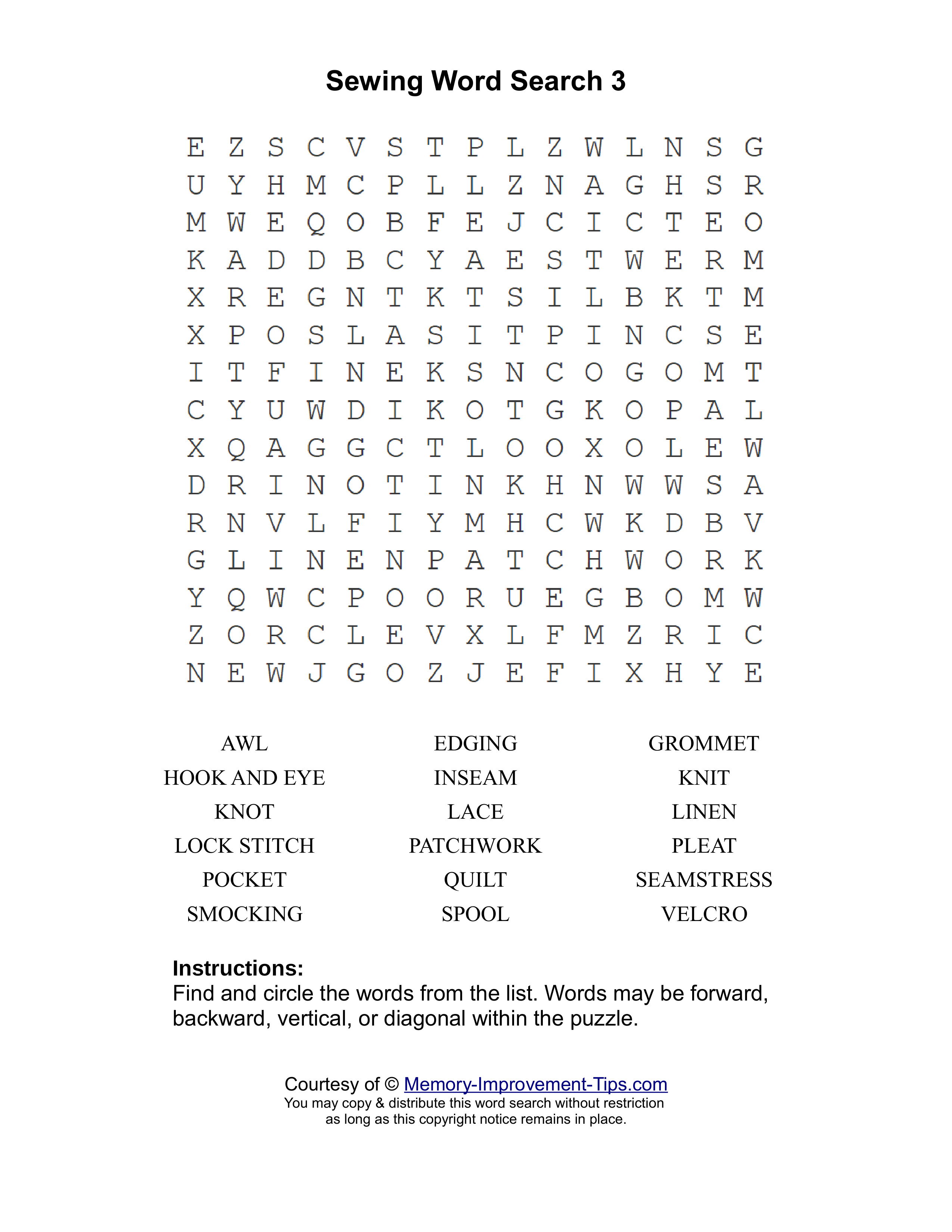 Sewing 3 word search printable puzzle