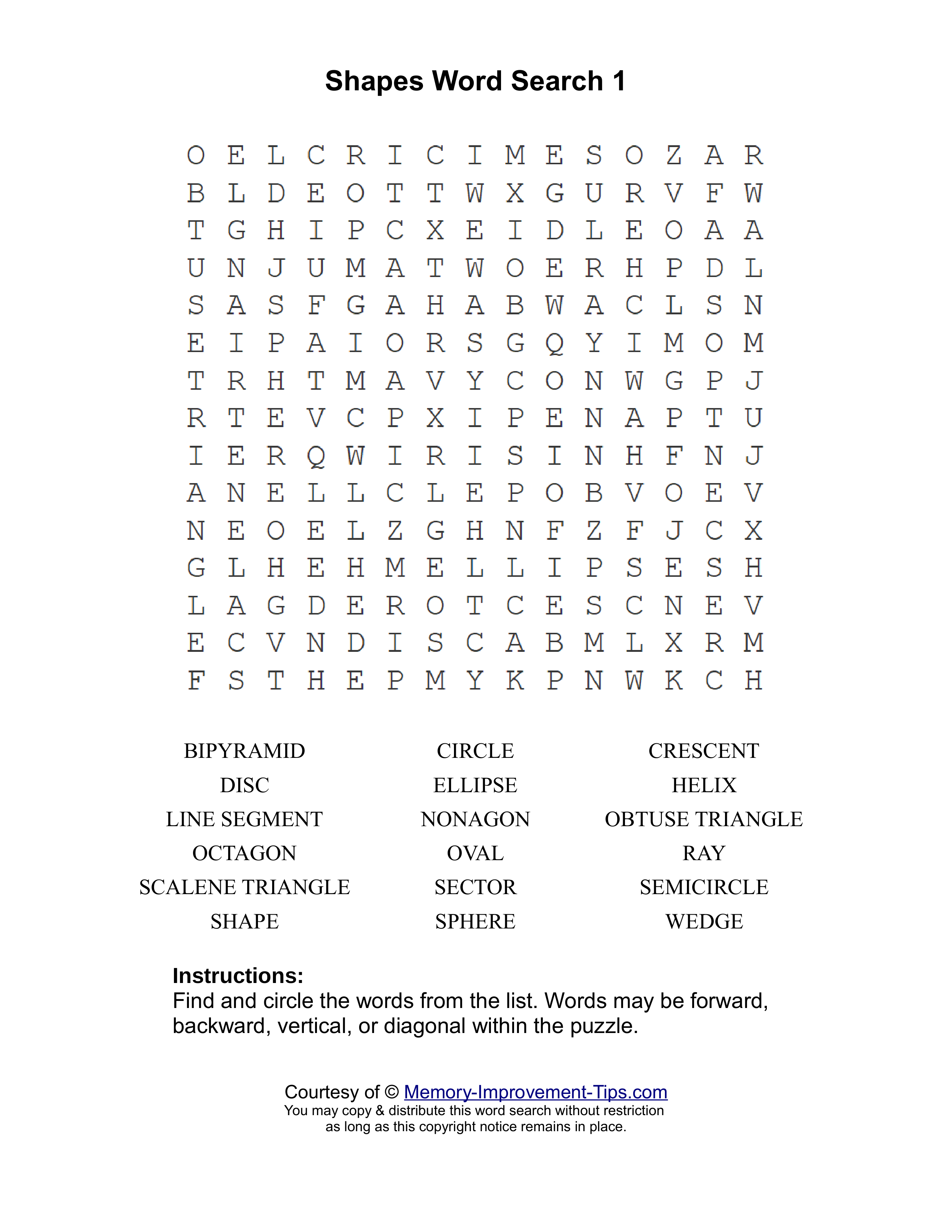 Shapes 1 word search printable puzzle