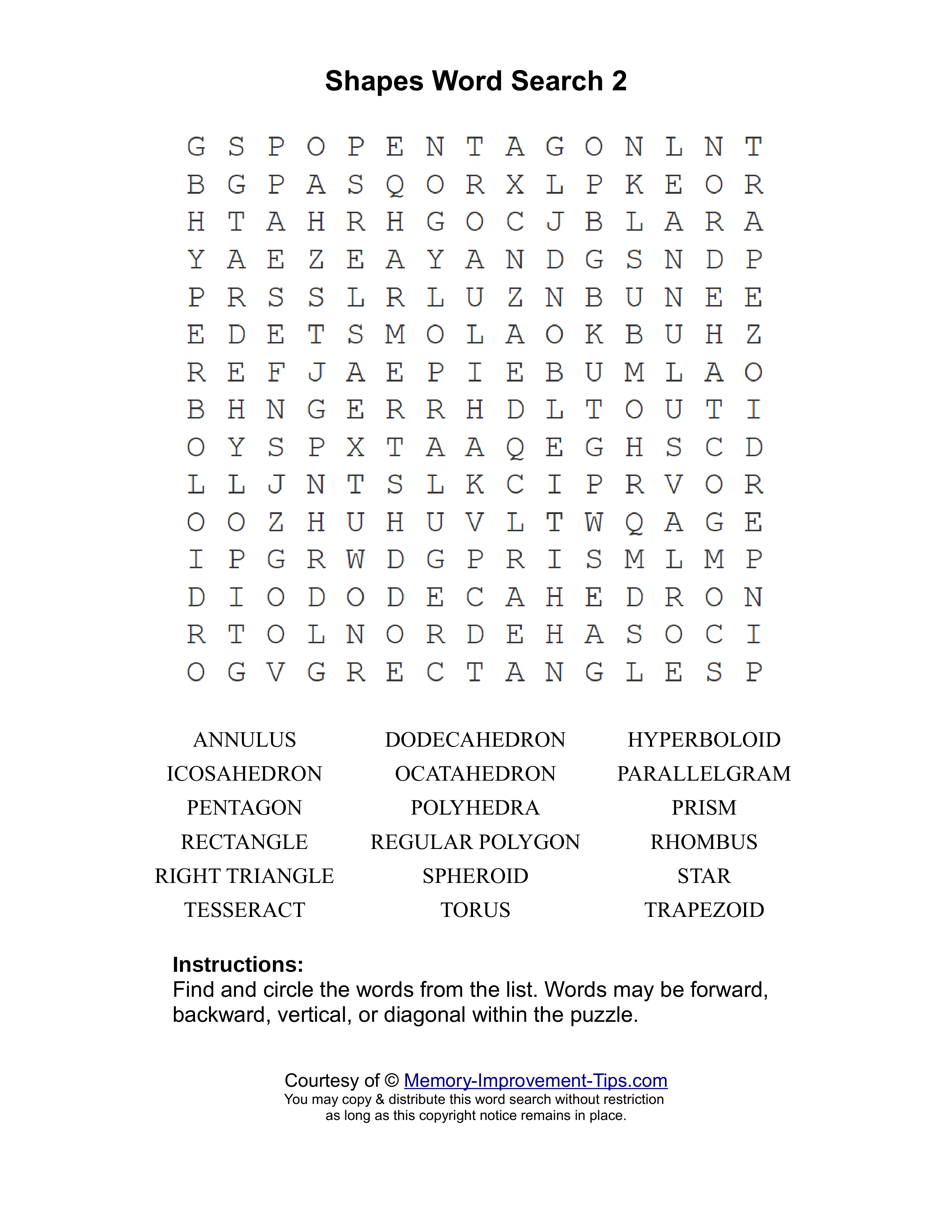Shapes 2 word search printable puzzle