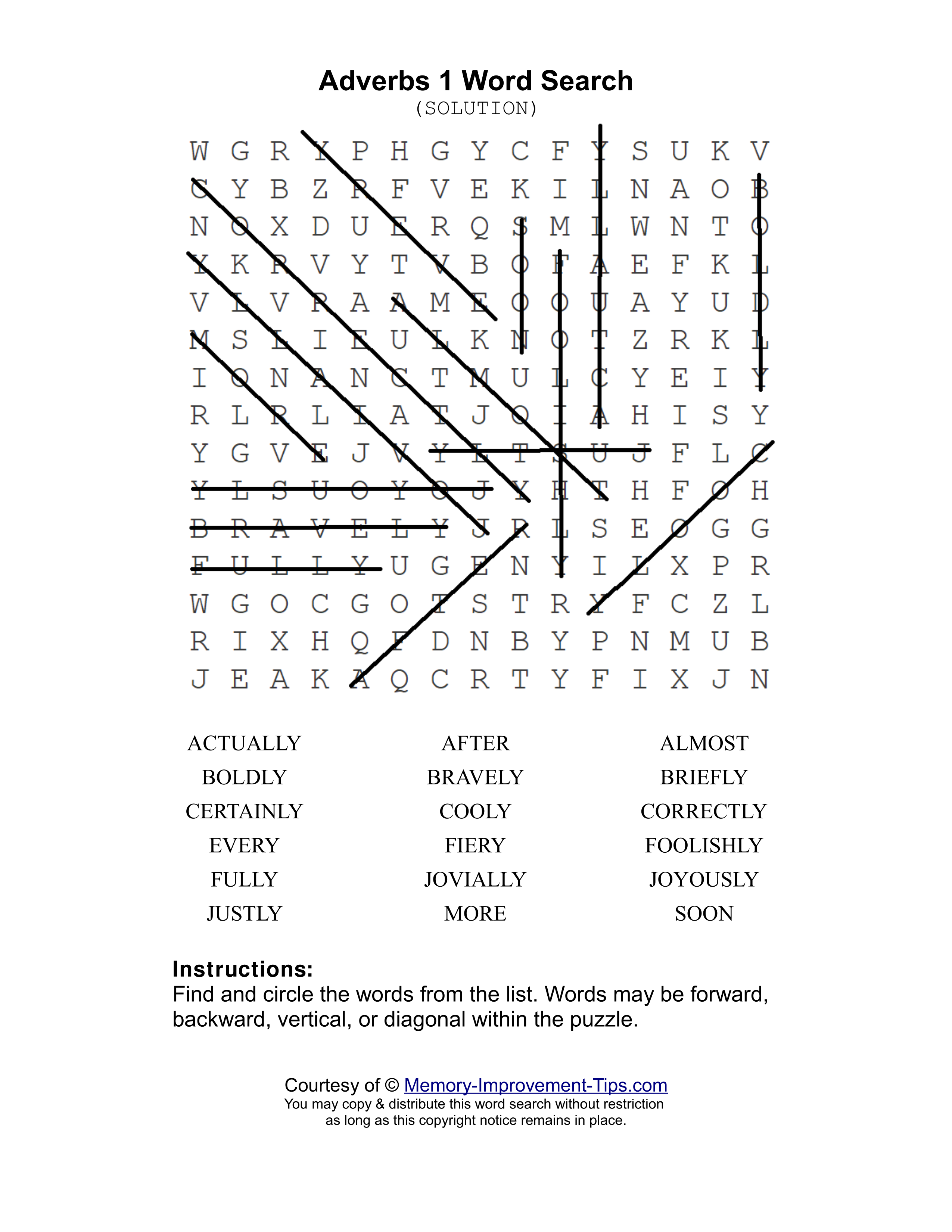 Adverbs 1 word search printable solution