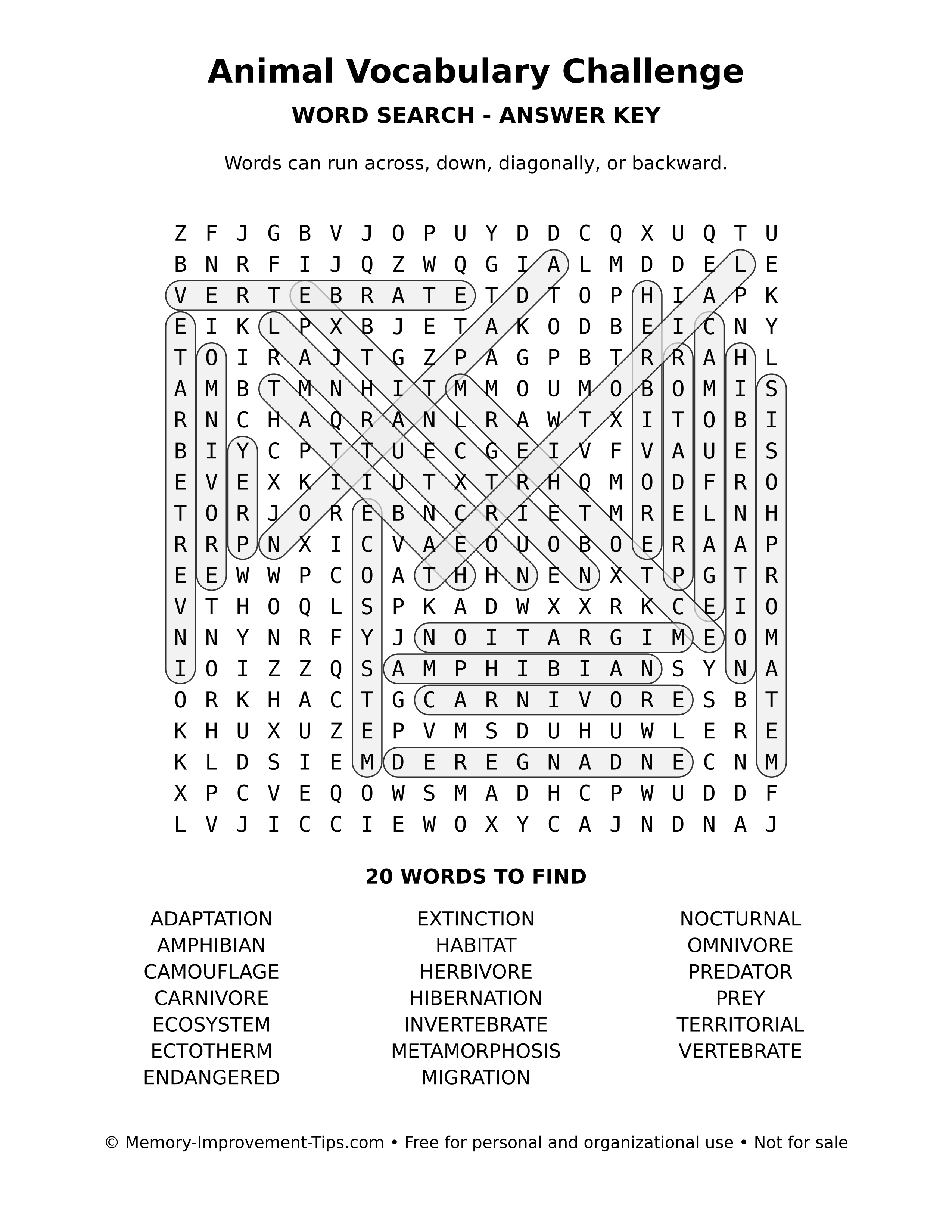 Answer key for Animal Vocabulary Challenge word search
