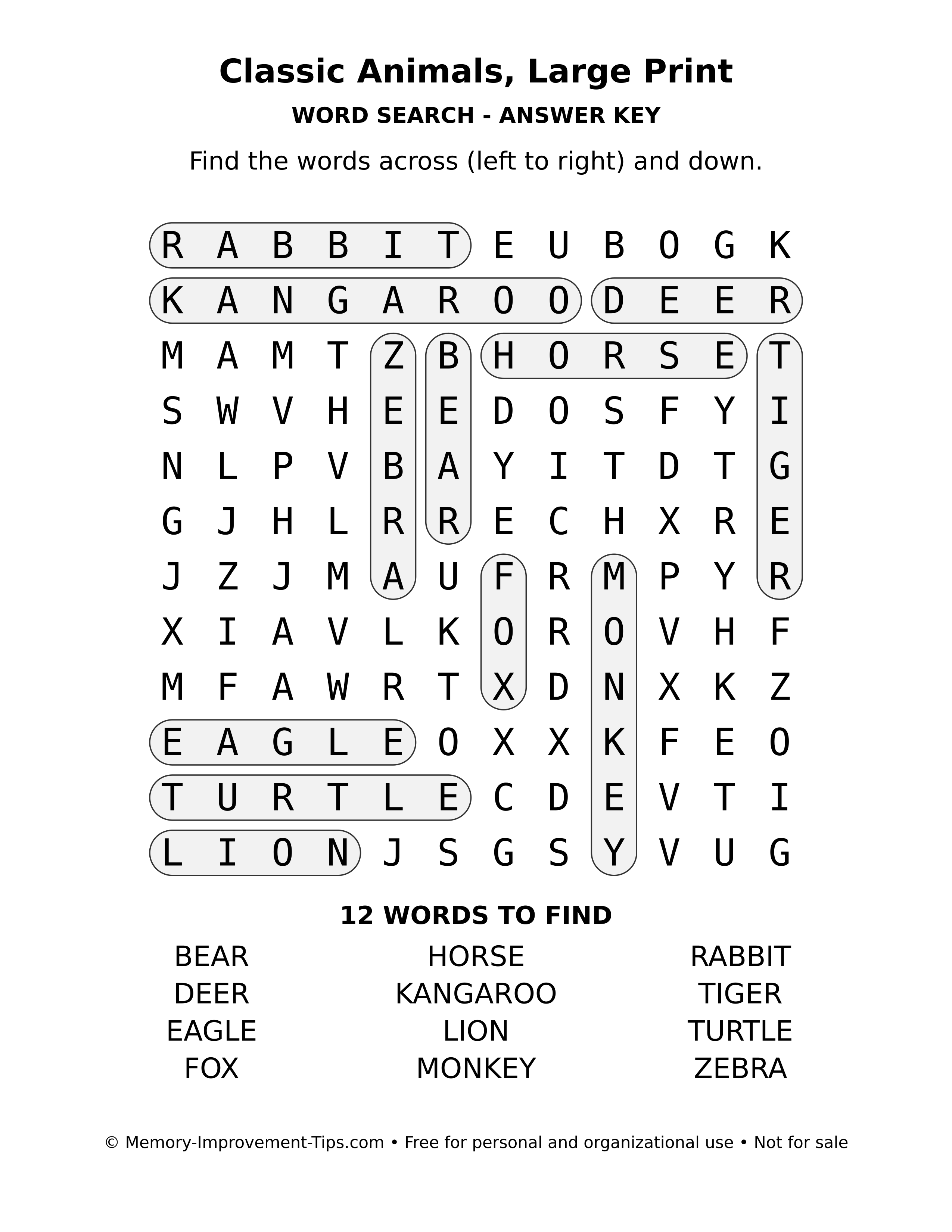 Answer key for Classic Animals, Large Print word search