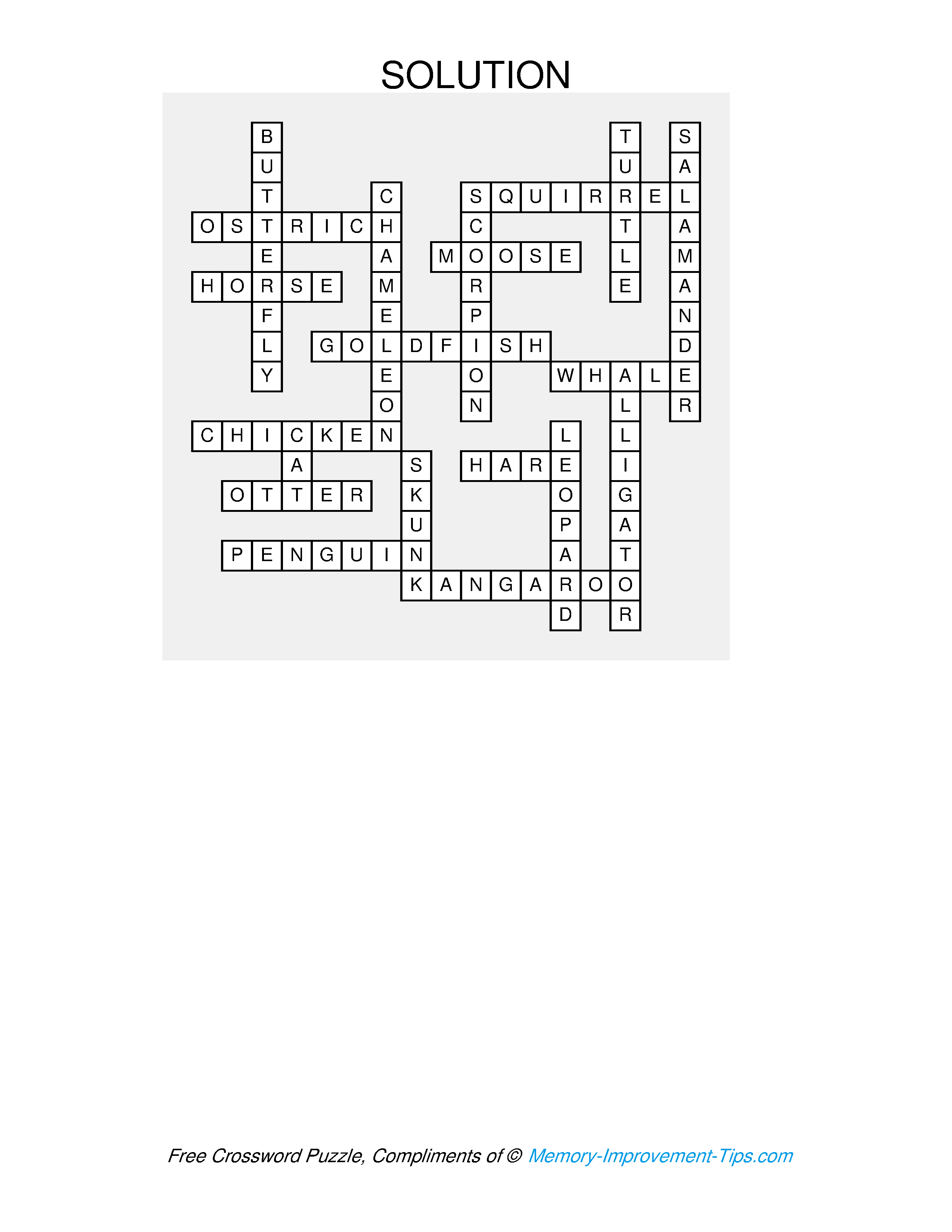 Answer key for the Animal Crossword Puzzle