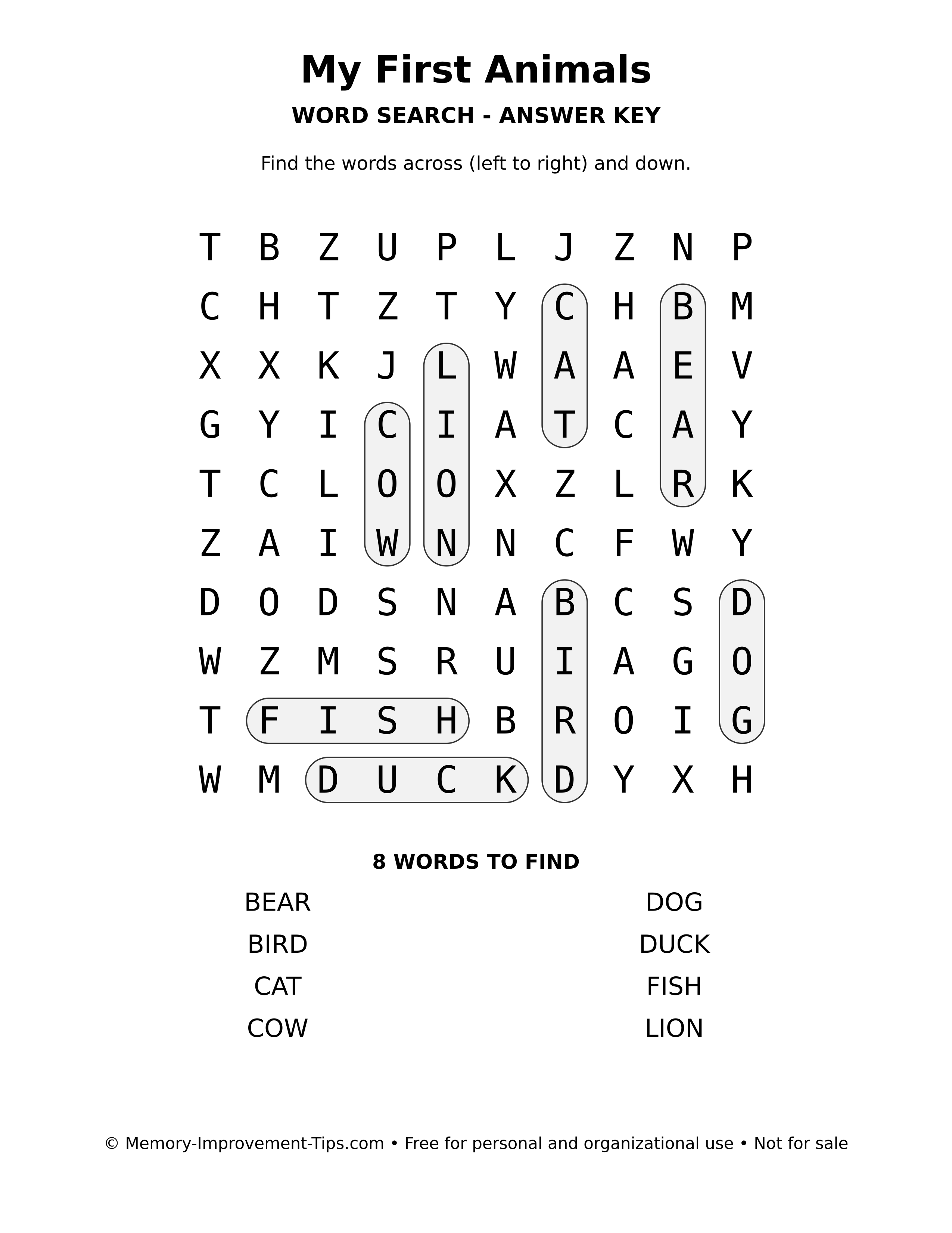 Answer key for My First Animals word search