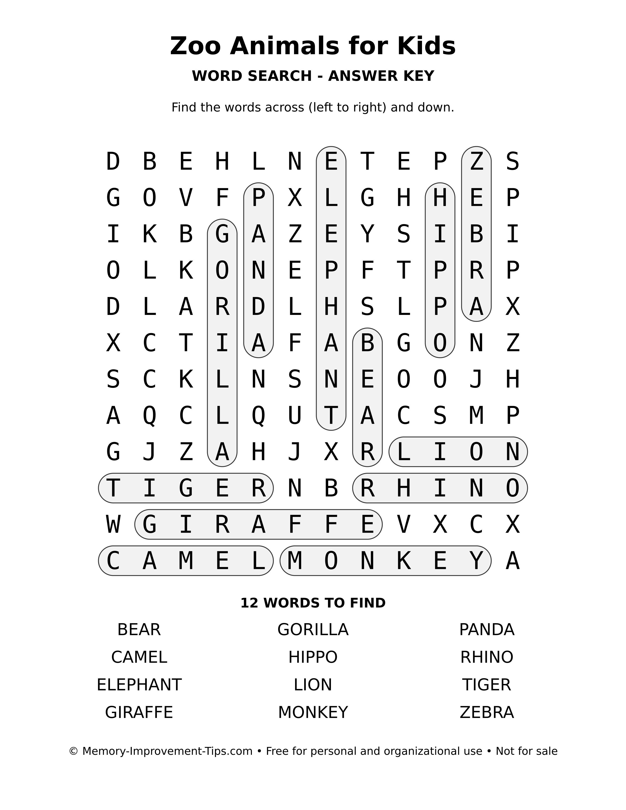 Answer key for Zoo Animals for Kids word search