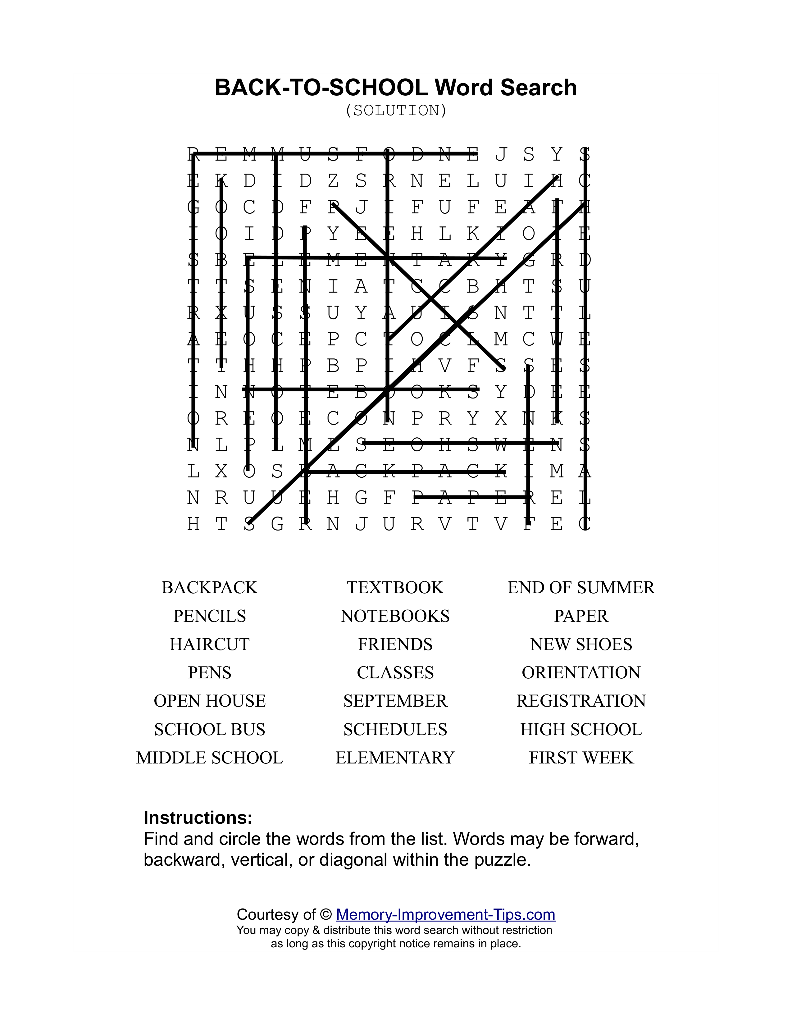 Back to School word search printable solution