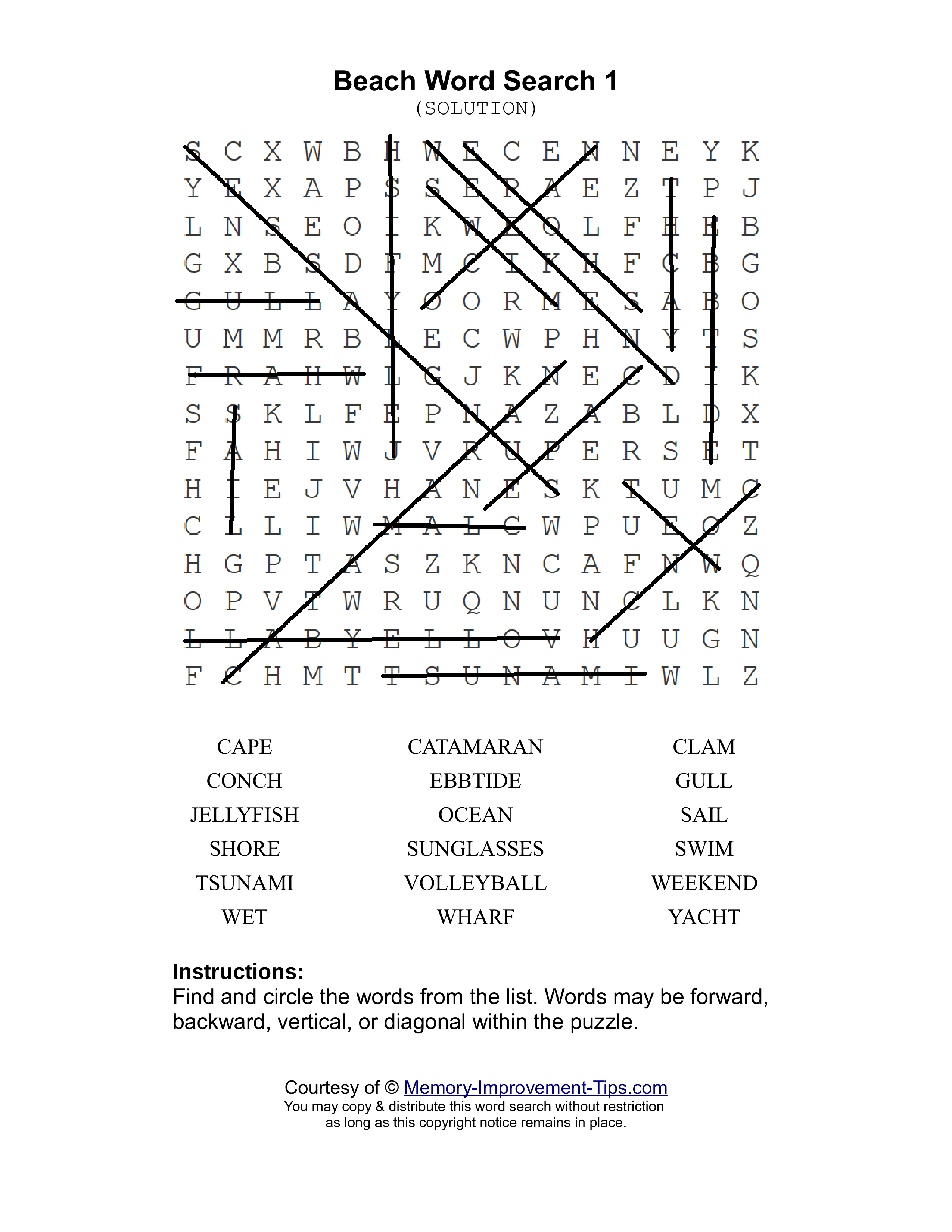Beach 1 word search printable solution