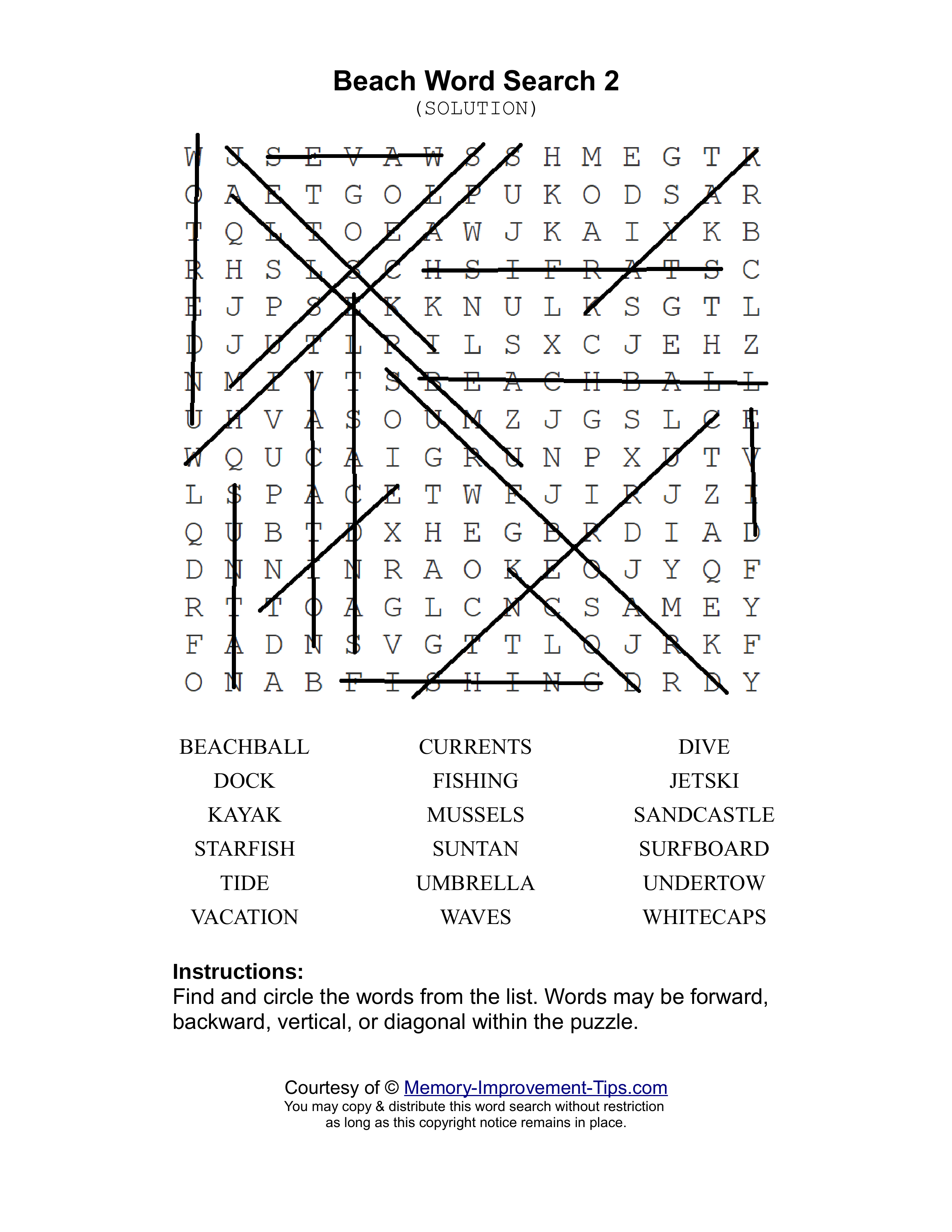 Beach 2 word search printable solution