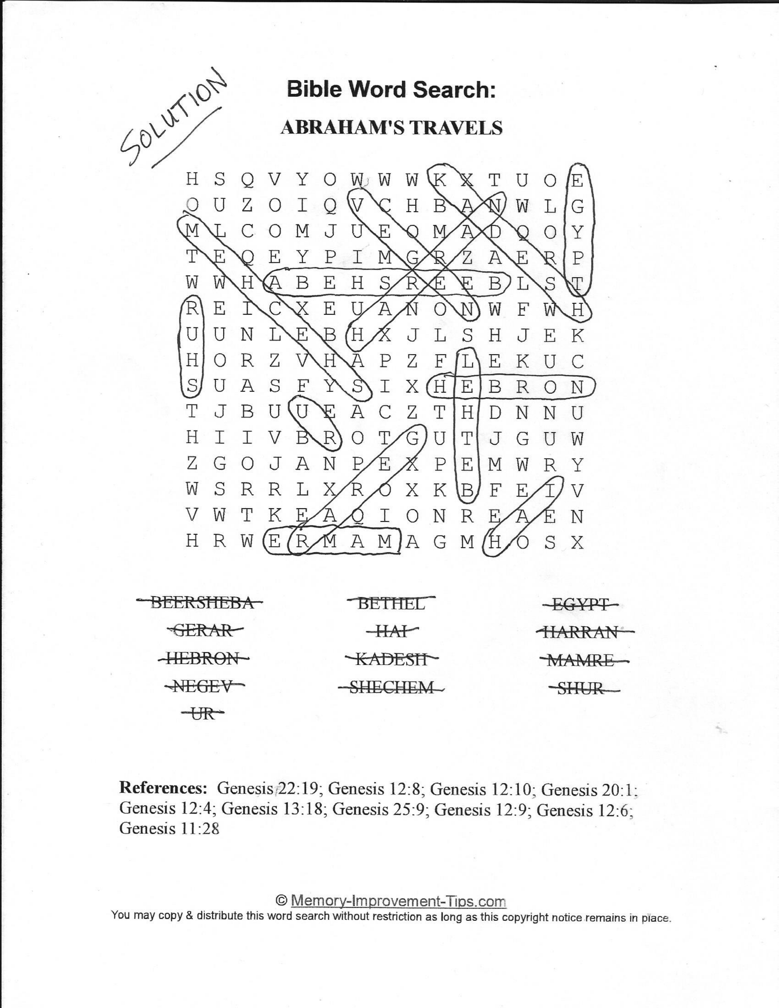 Abraham's Travels Bible word search printable solution