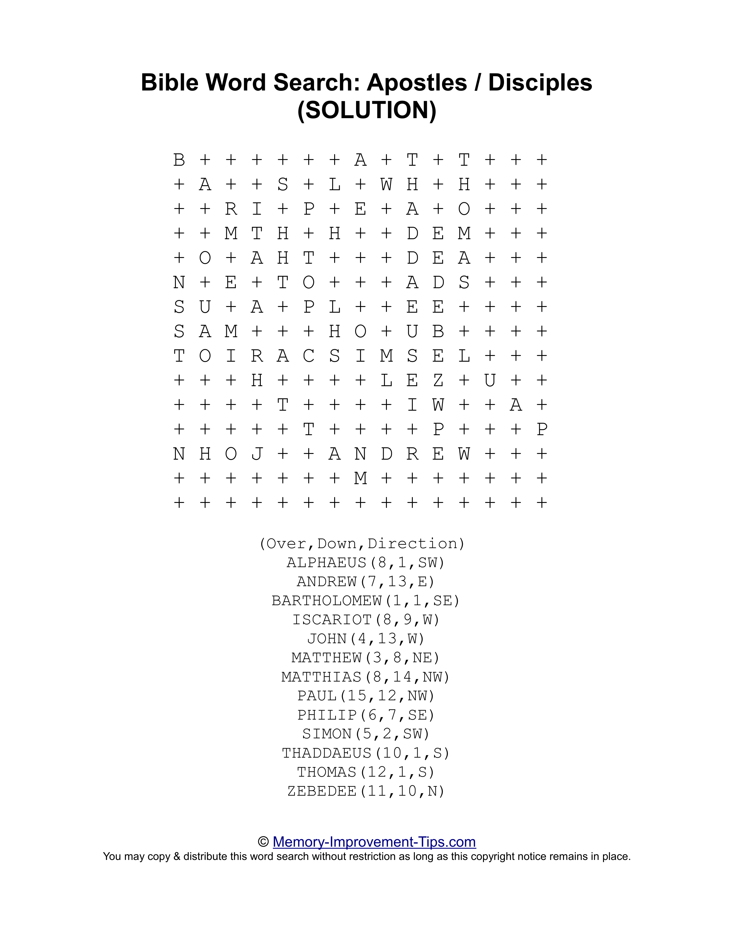 Apostles / Disciples Bible word search printable solution