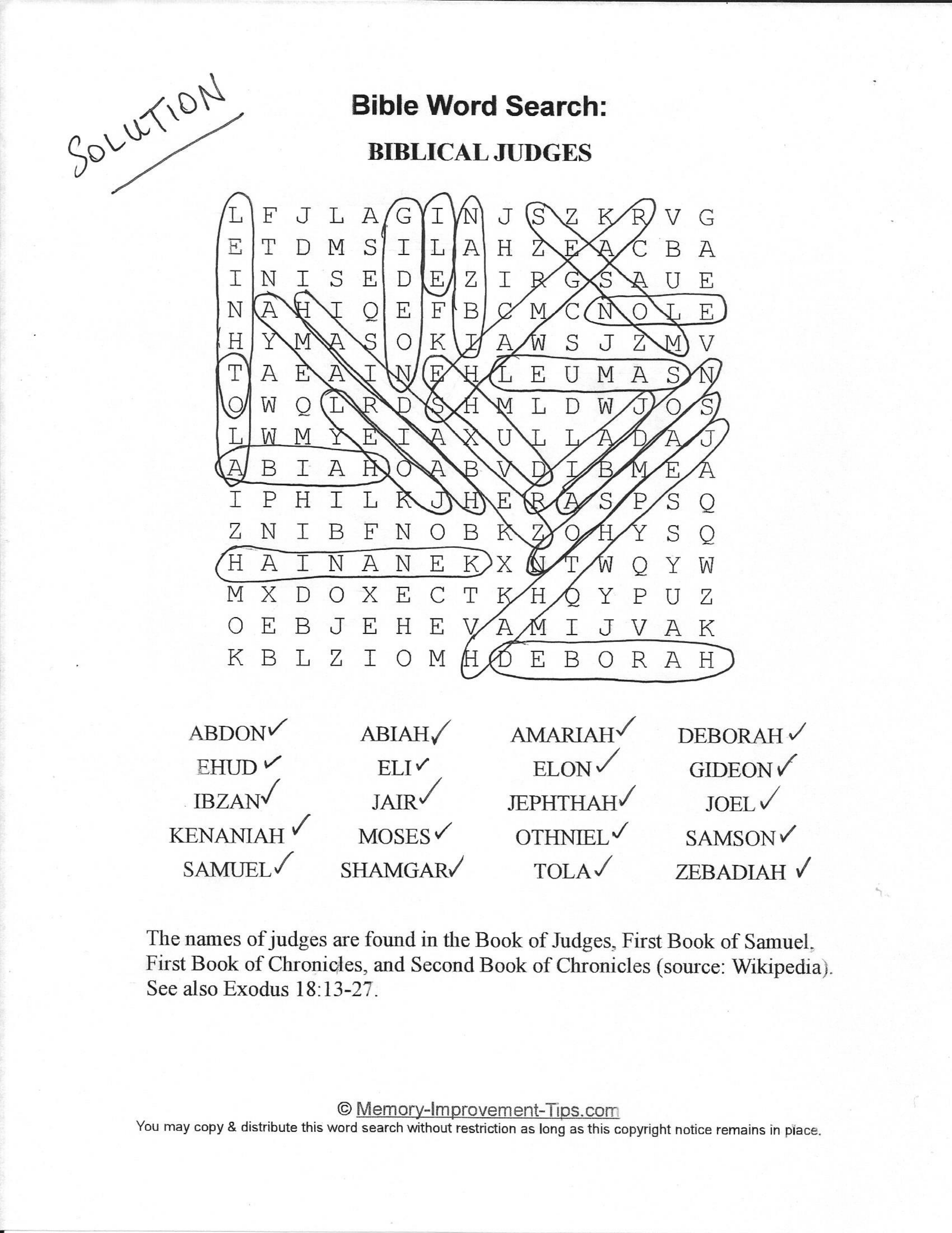 Biblical Judges Bible word search printable solution