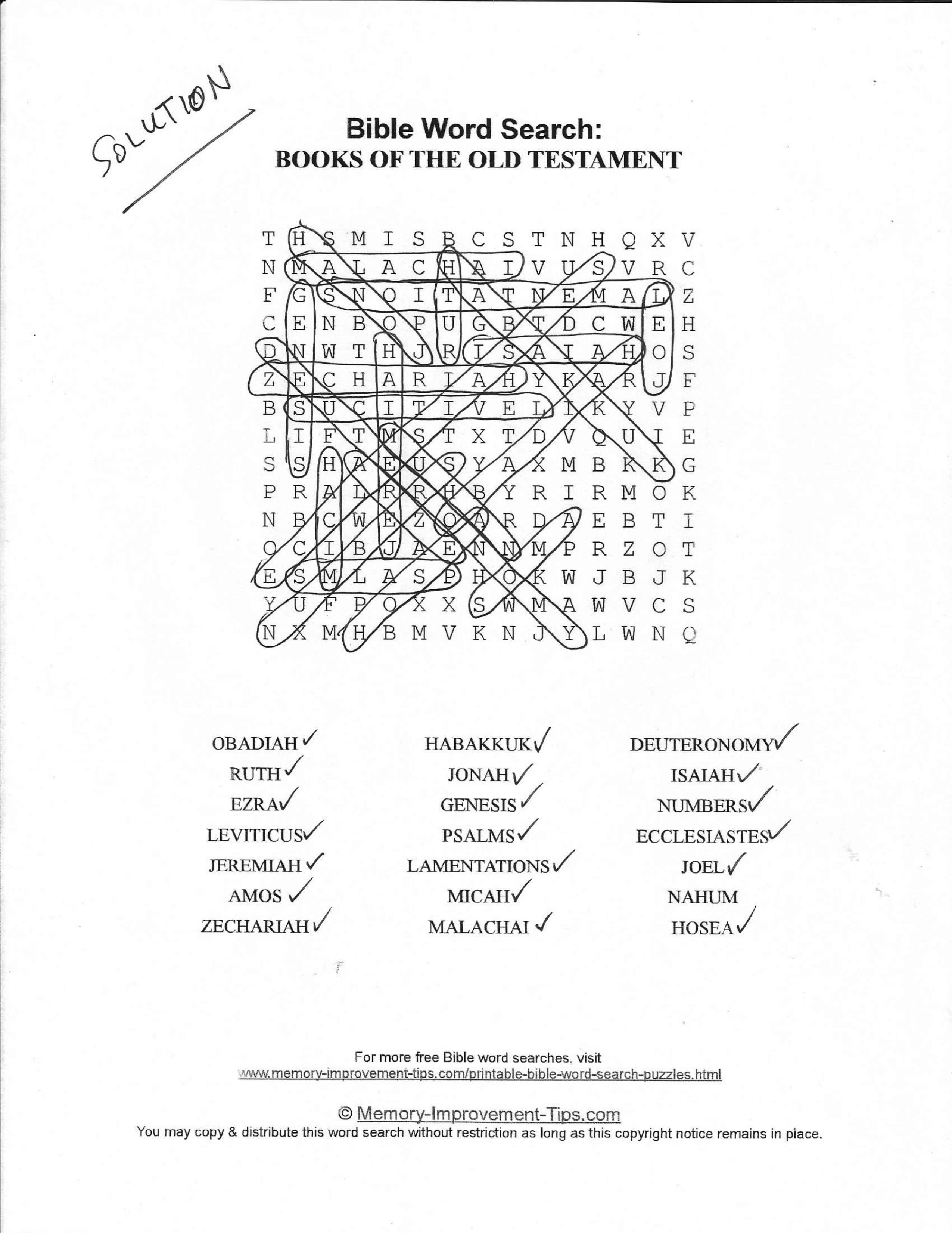 Books of the Old Testament Bible word search printable solution