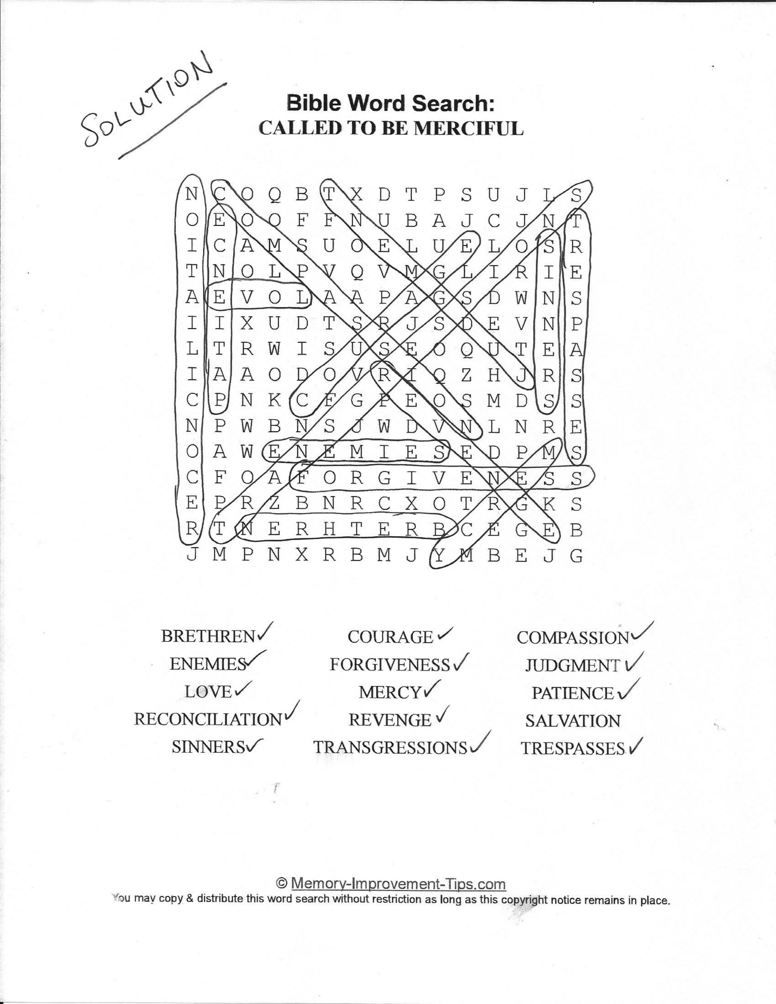 Called to Be Merciful Bible word search printable solution