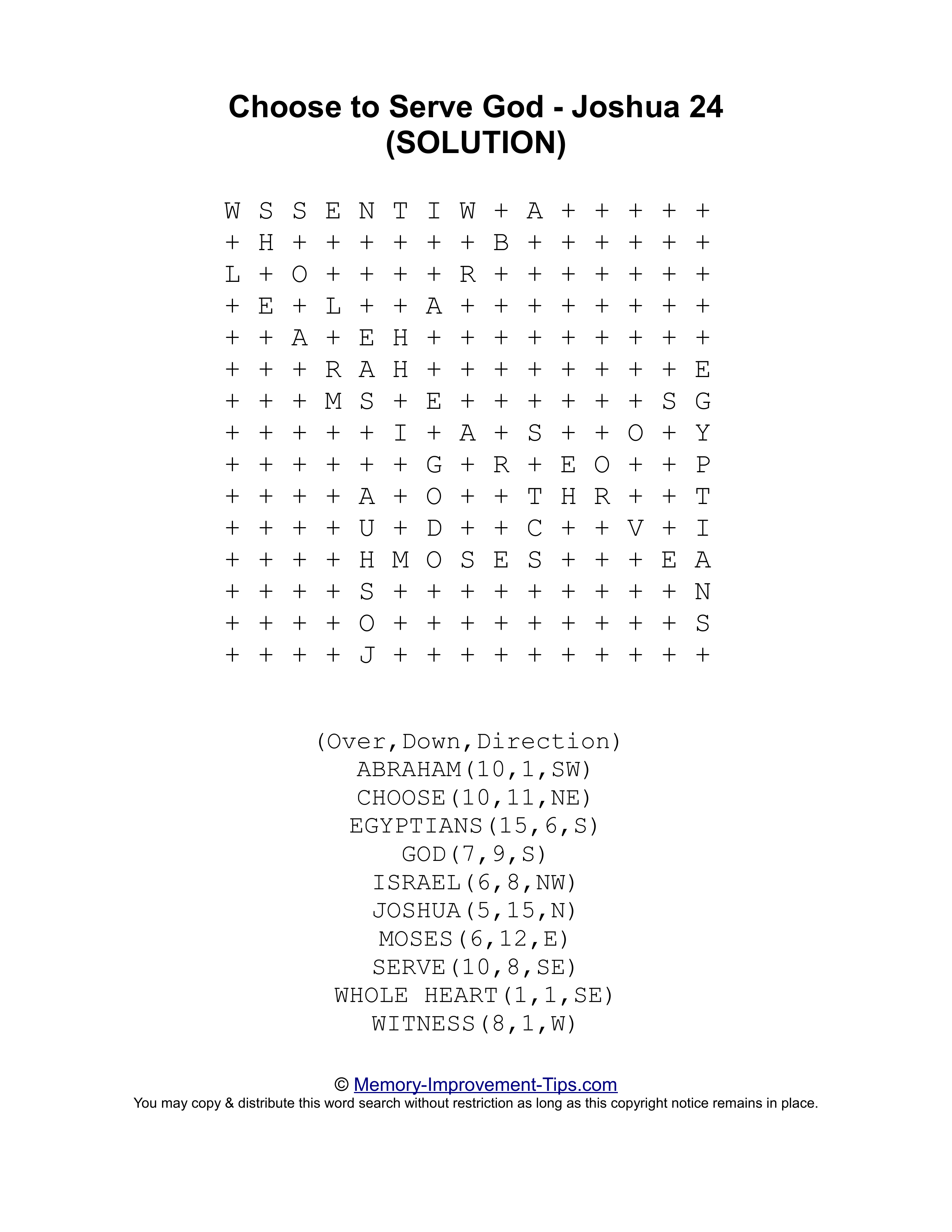 Choose to Serve God (Joshua 24) Bible word search printable solution
