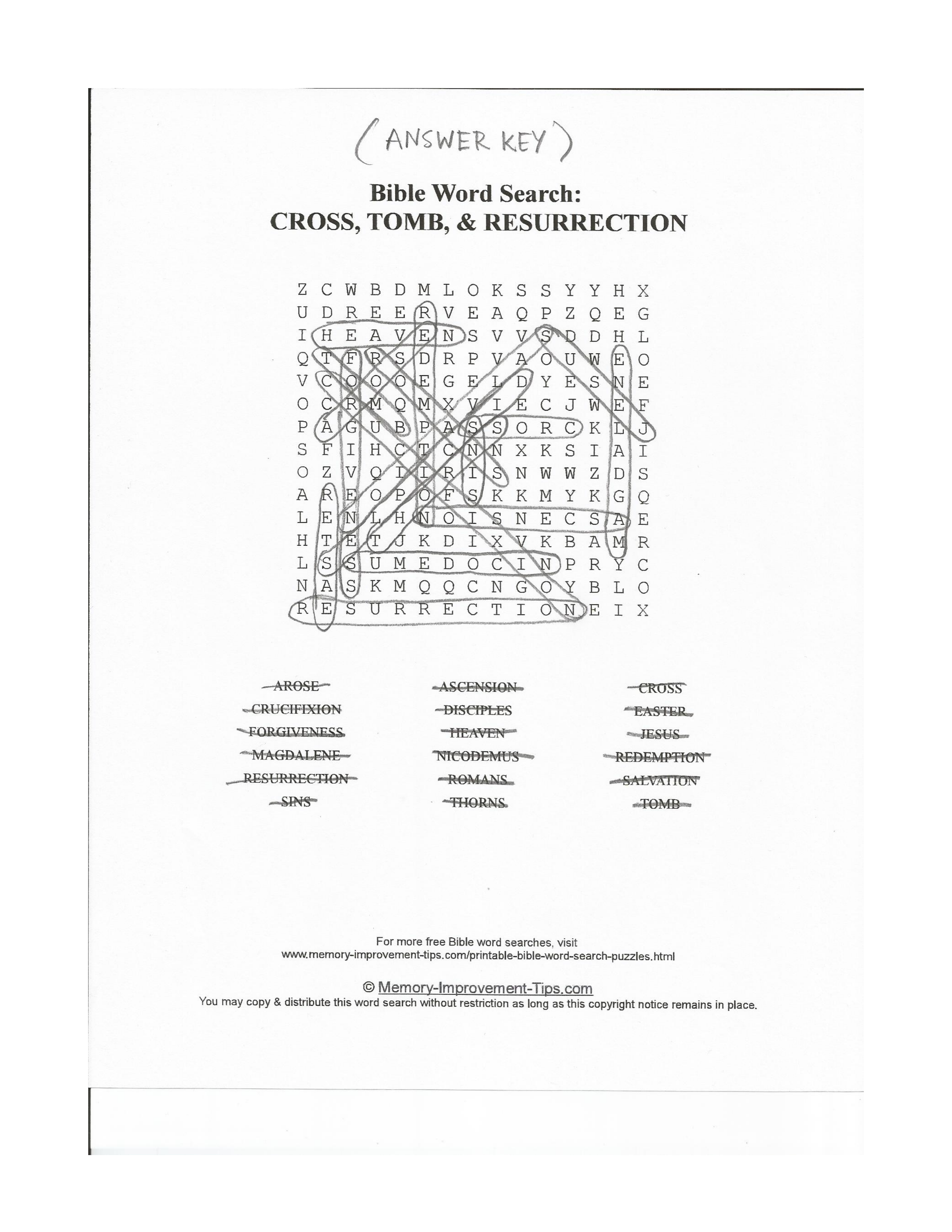 Cross, Tomb & Resurrection Bible word search printable solution