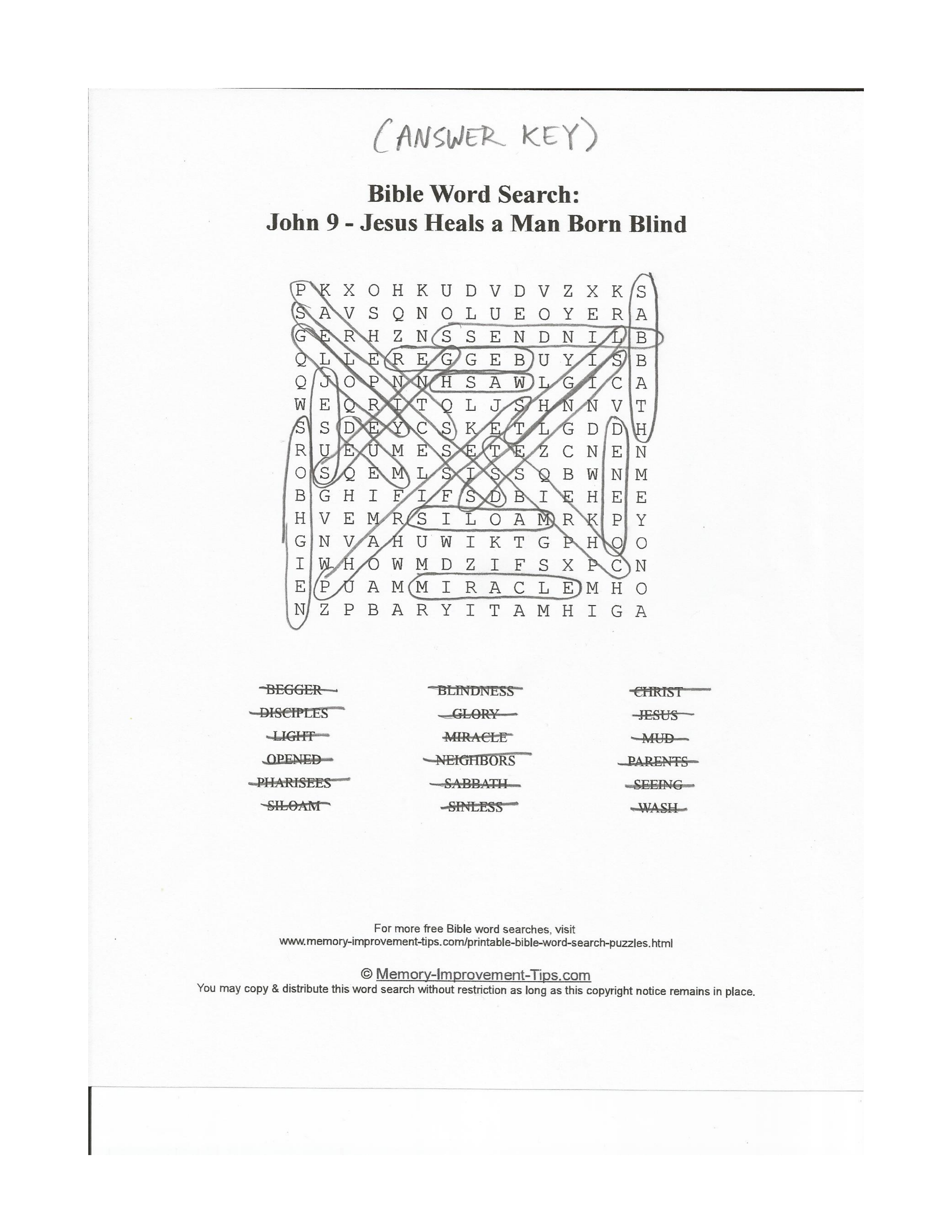 Jesus Heals the Blind Man (John 9) Bible word search printable solution