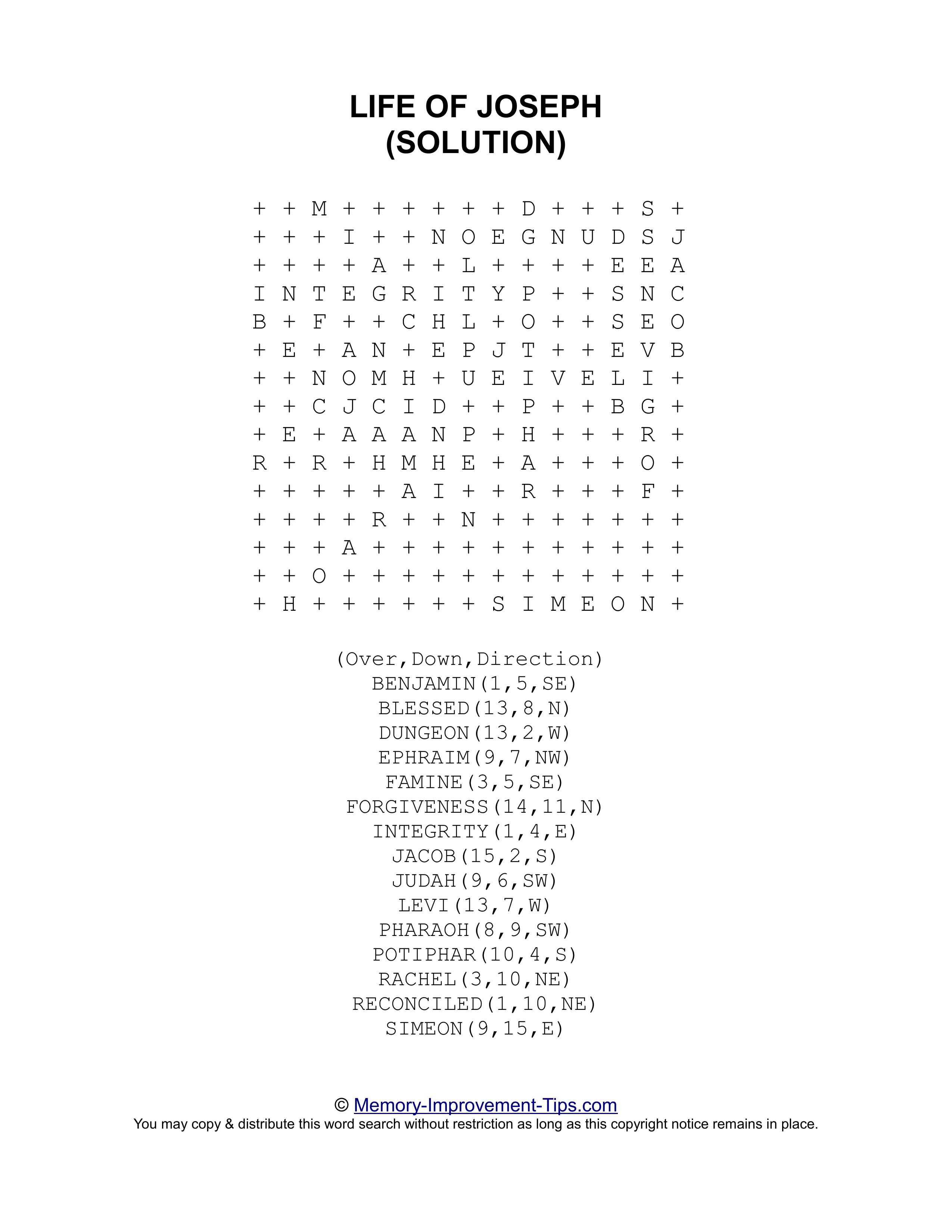 Life of Joseph Bible word search printable solution