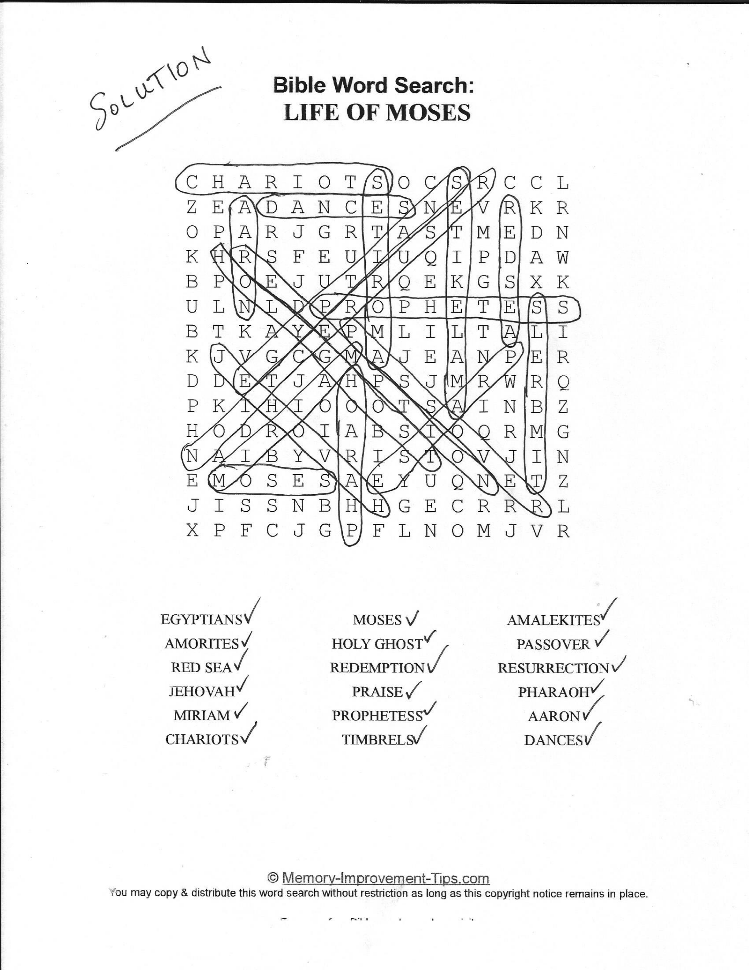 Life of Moses Bible word search printable solution