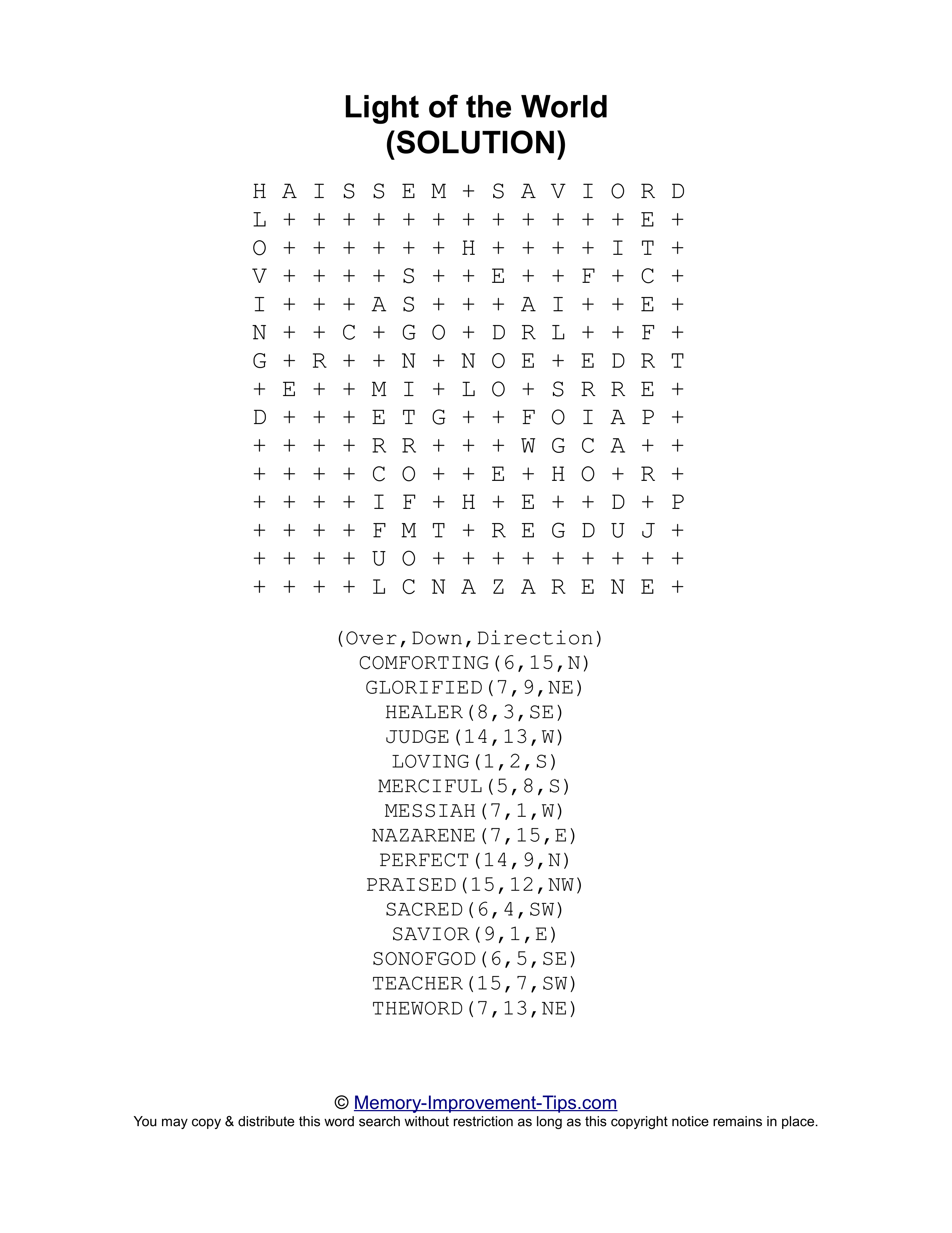 Light of the World Bible word search printable solution