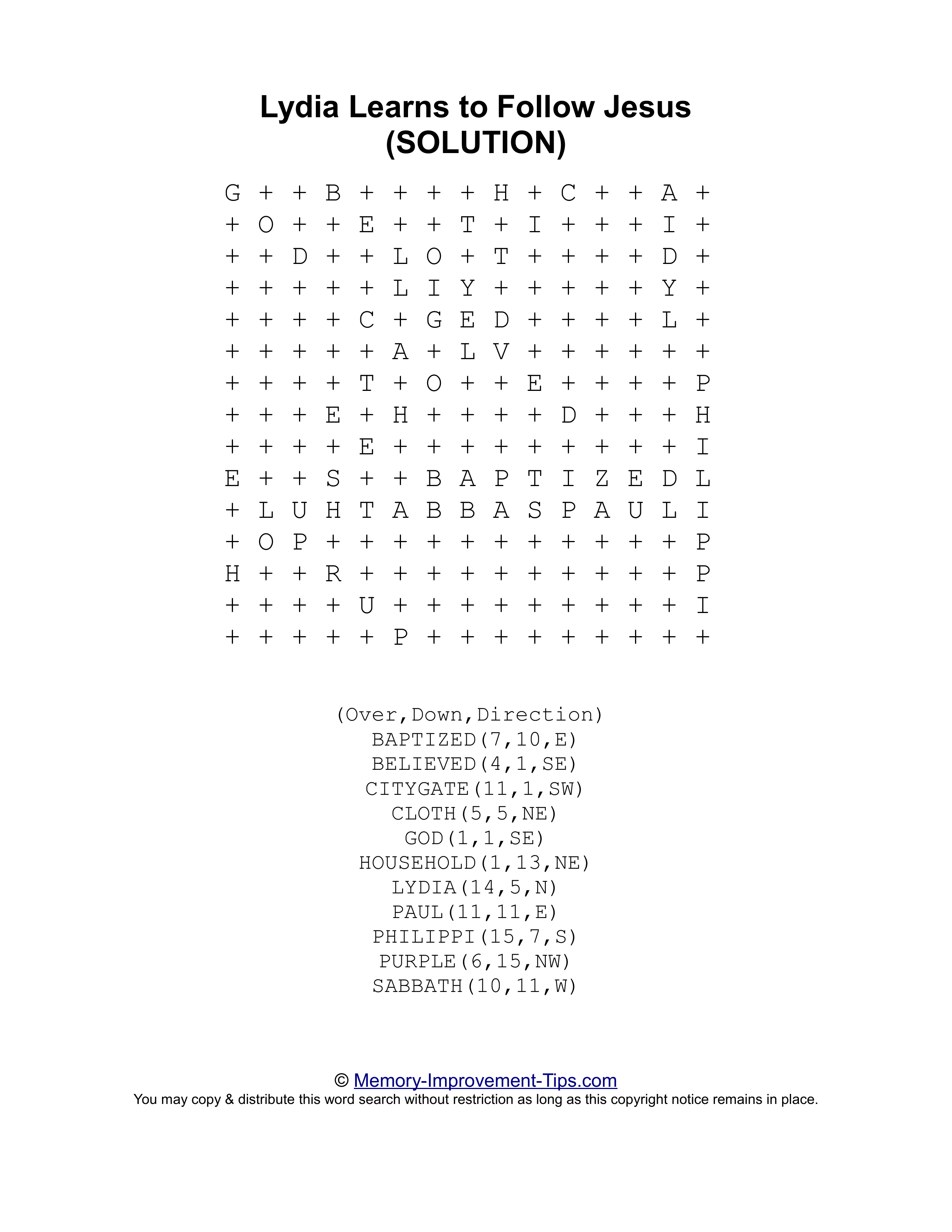 Lydia Learns to Follow Jesus (Acts 16:11-15) Bible word search printable solution