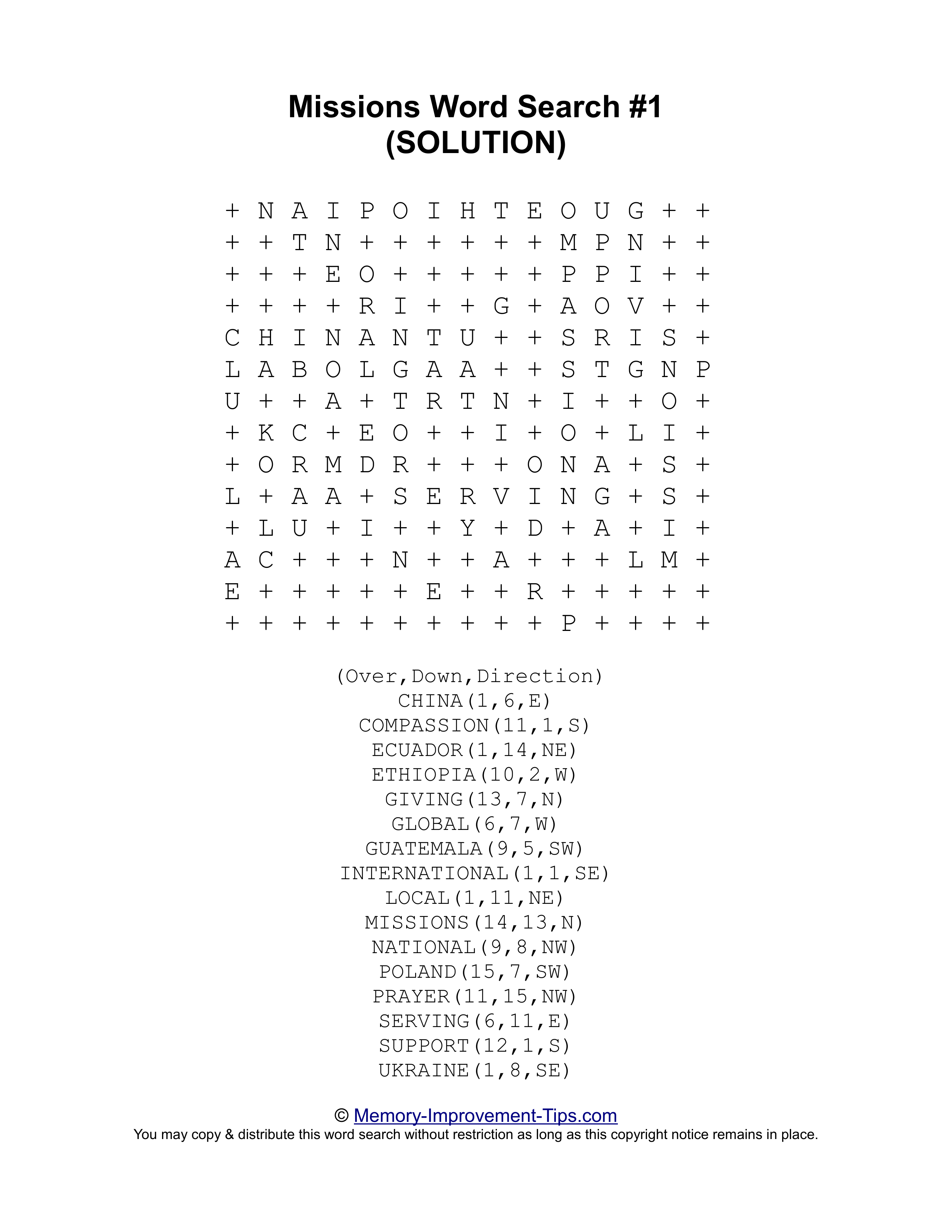 Missions #1 word search printable solution