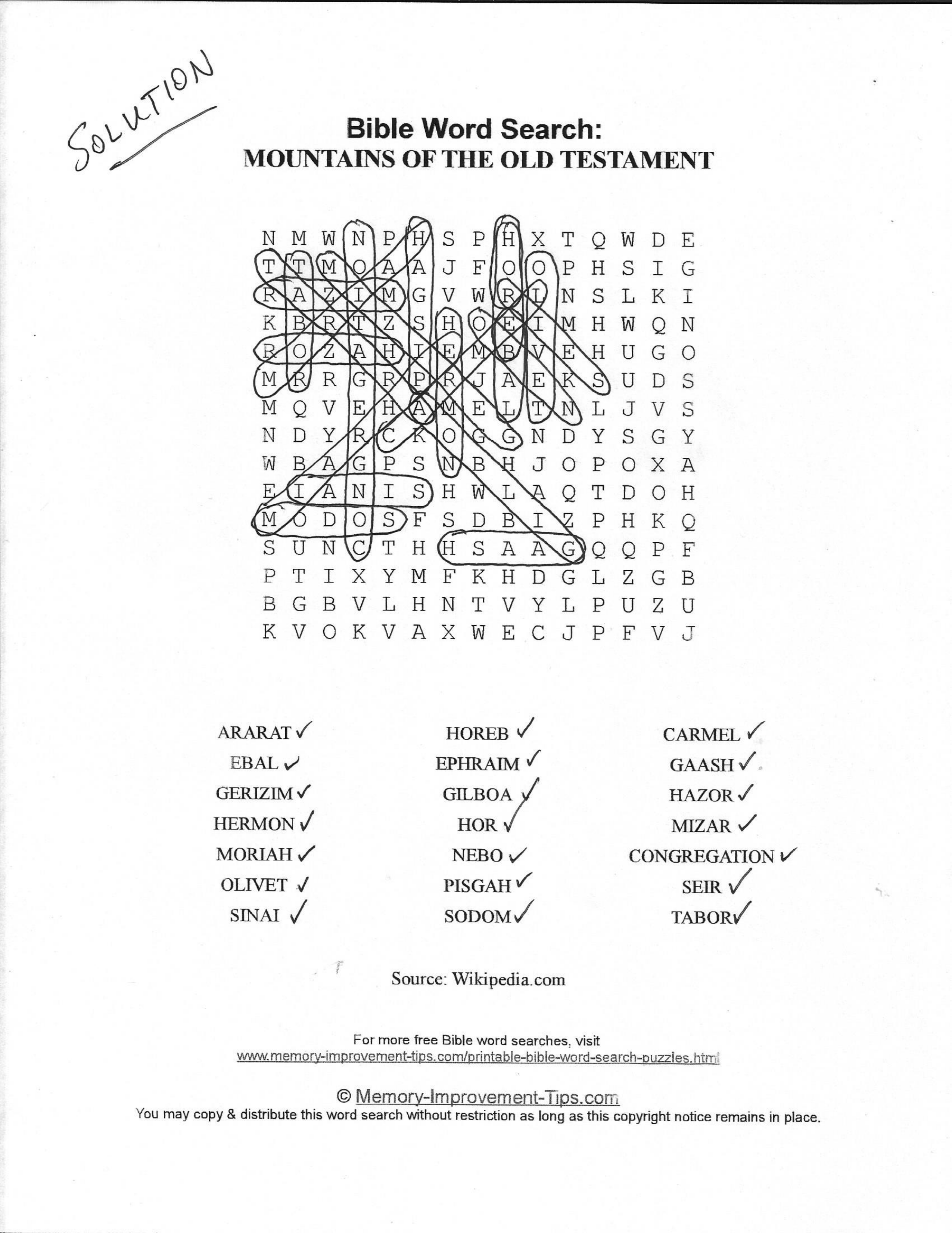 Mountains of the Old Testament Bible word search printable solution