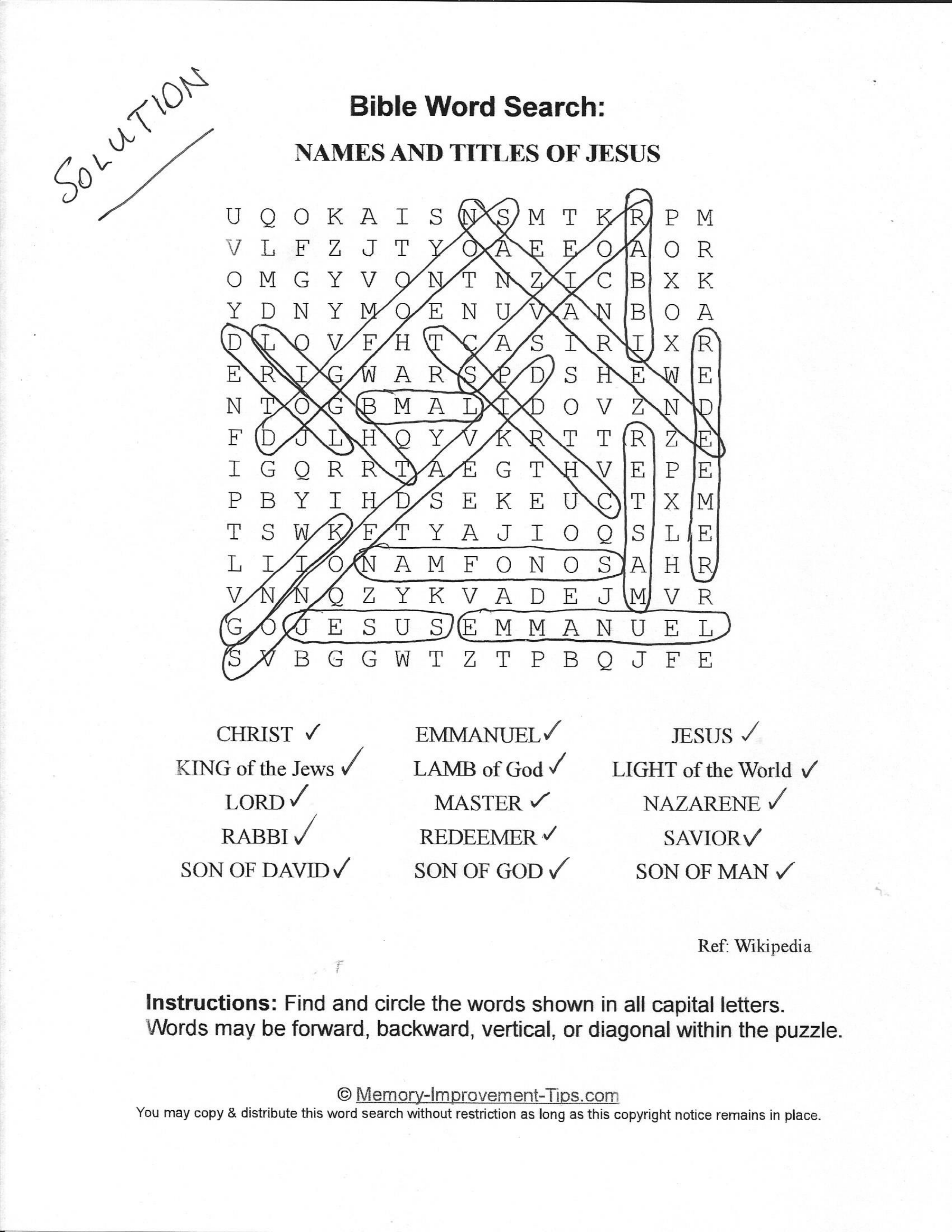 Names and Titles of Jesus Bible word search printable solution