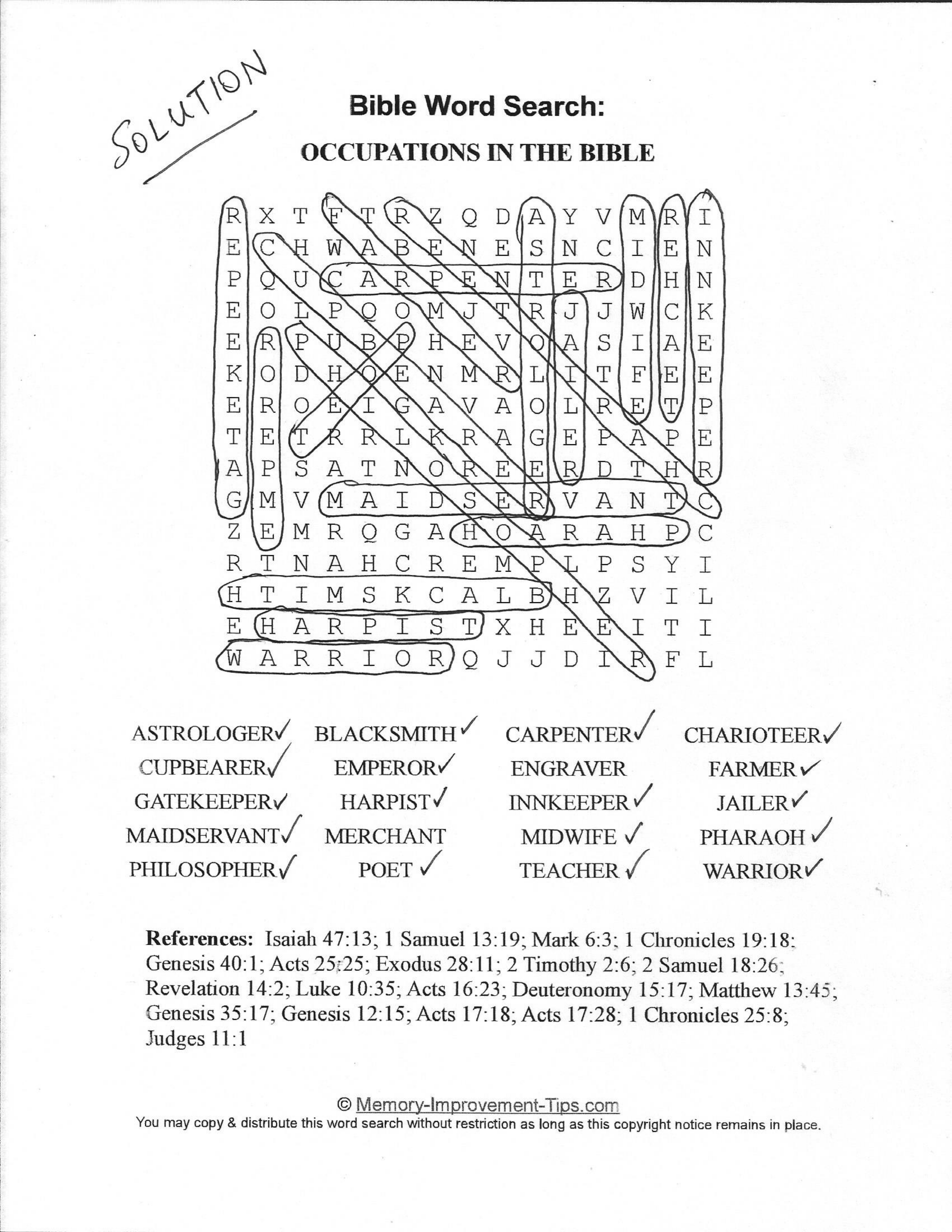 Occupations in the Bible word search printable solution