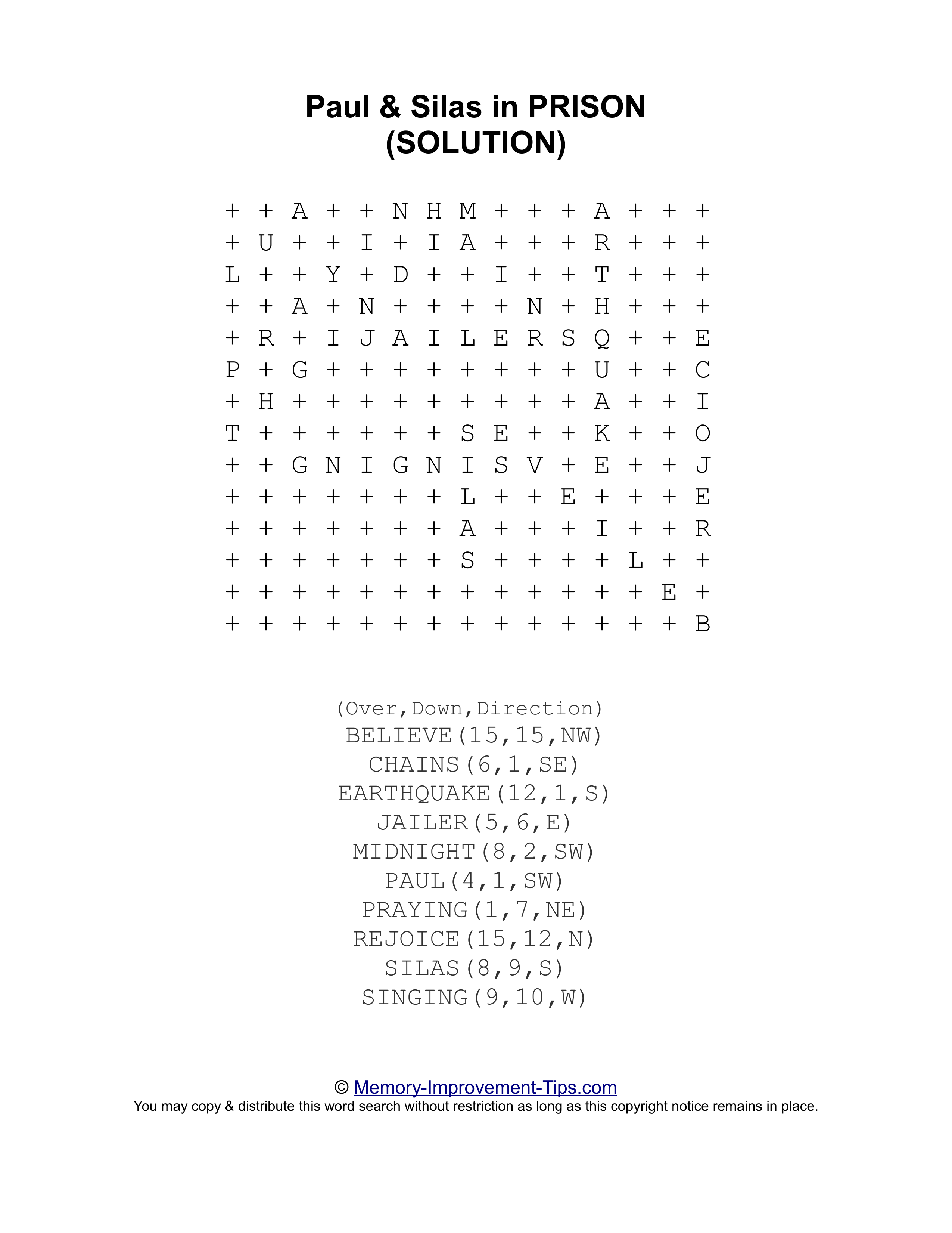 Paul & Silas in Prison (Acts 16:16-34) Bible word search printable solution