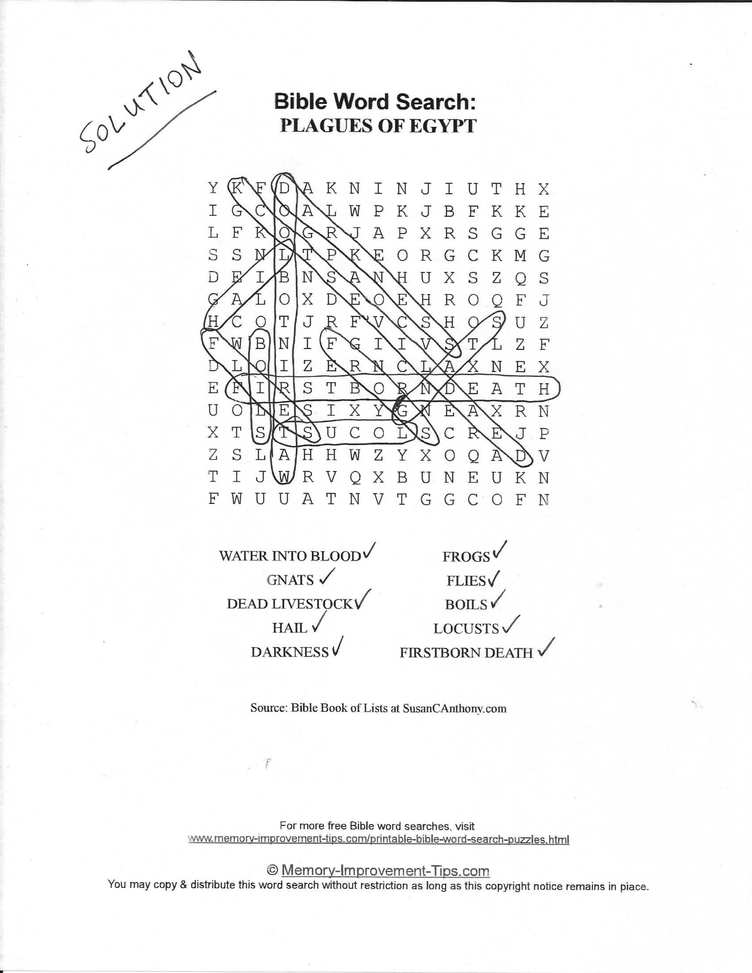 Plagues of Egypt Bible word search printable solution