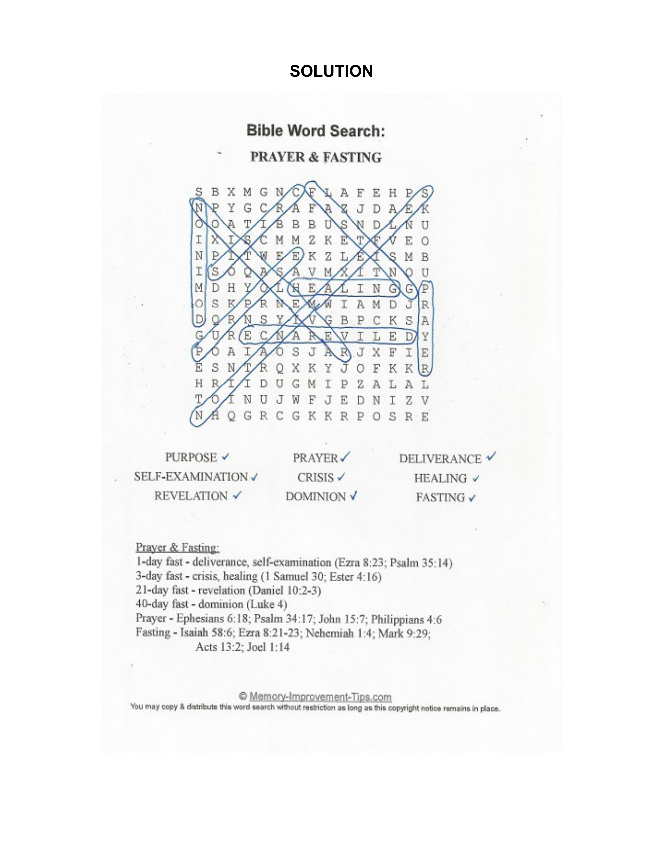 Prayer & Fasting Bible word search printable solution