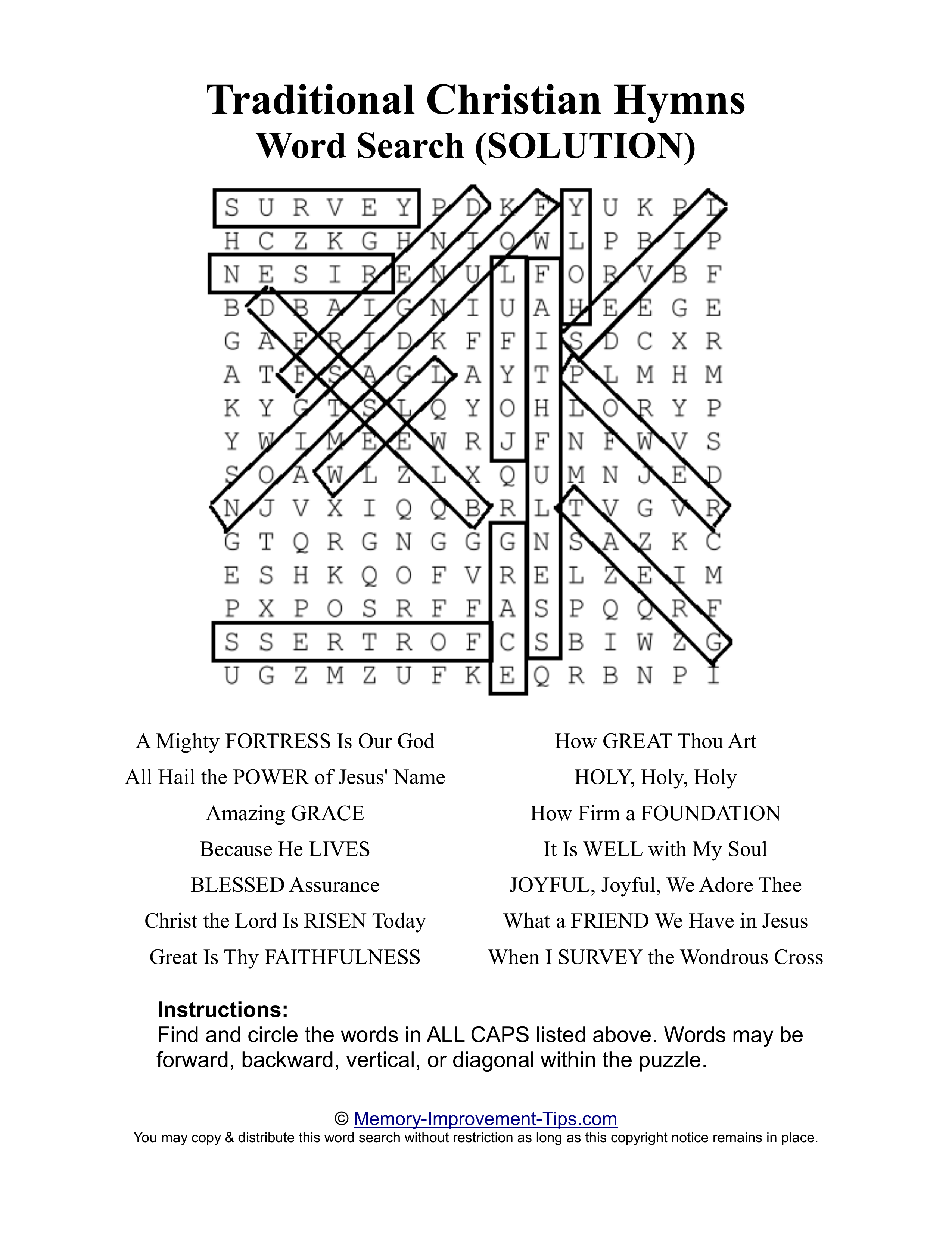 Traditional Christian Hymns Bible word search printable solution