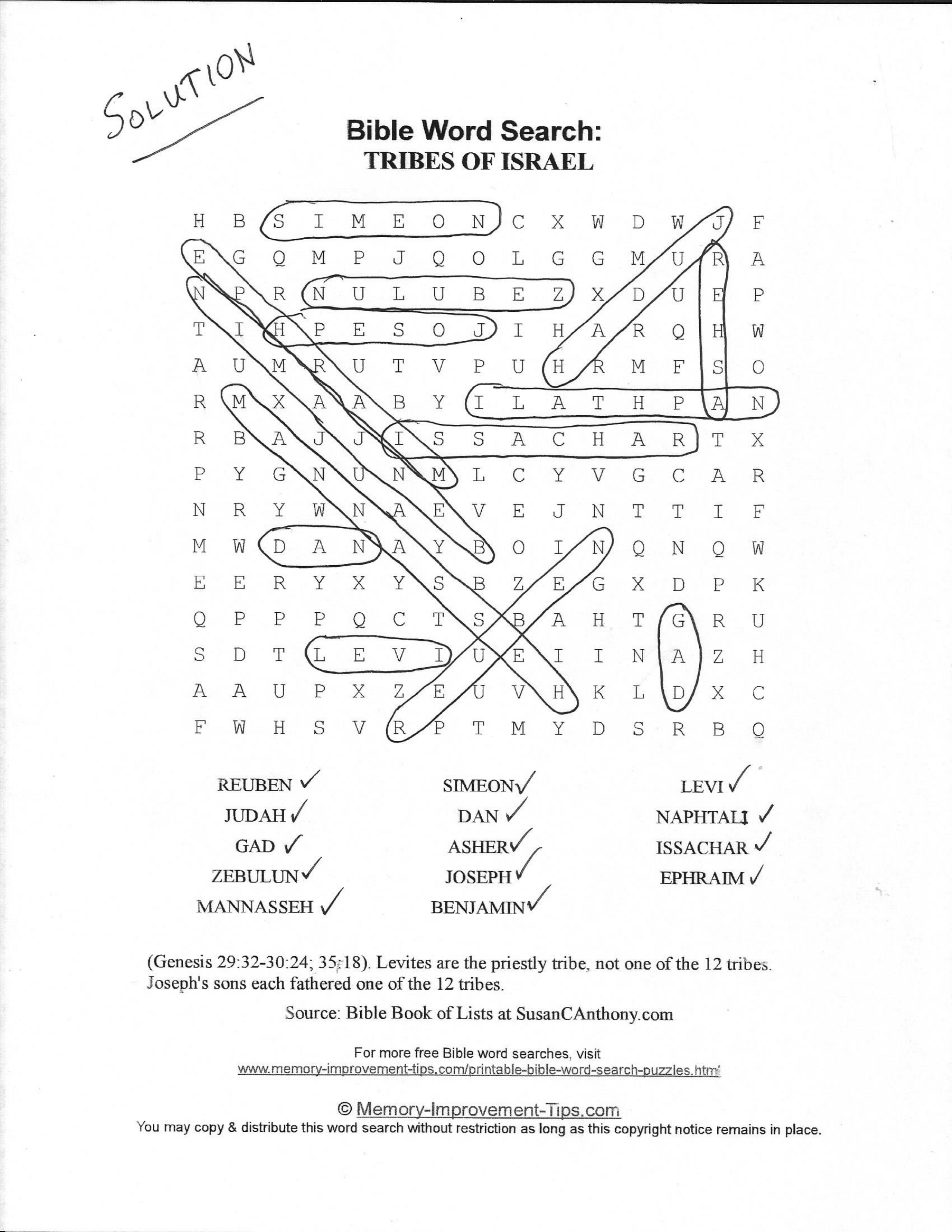 Tribes of Israel Bible word search printable solution